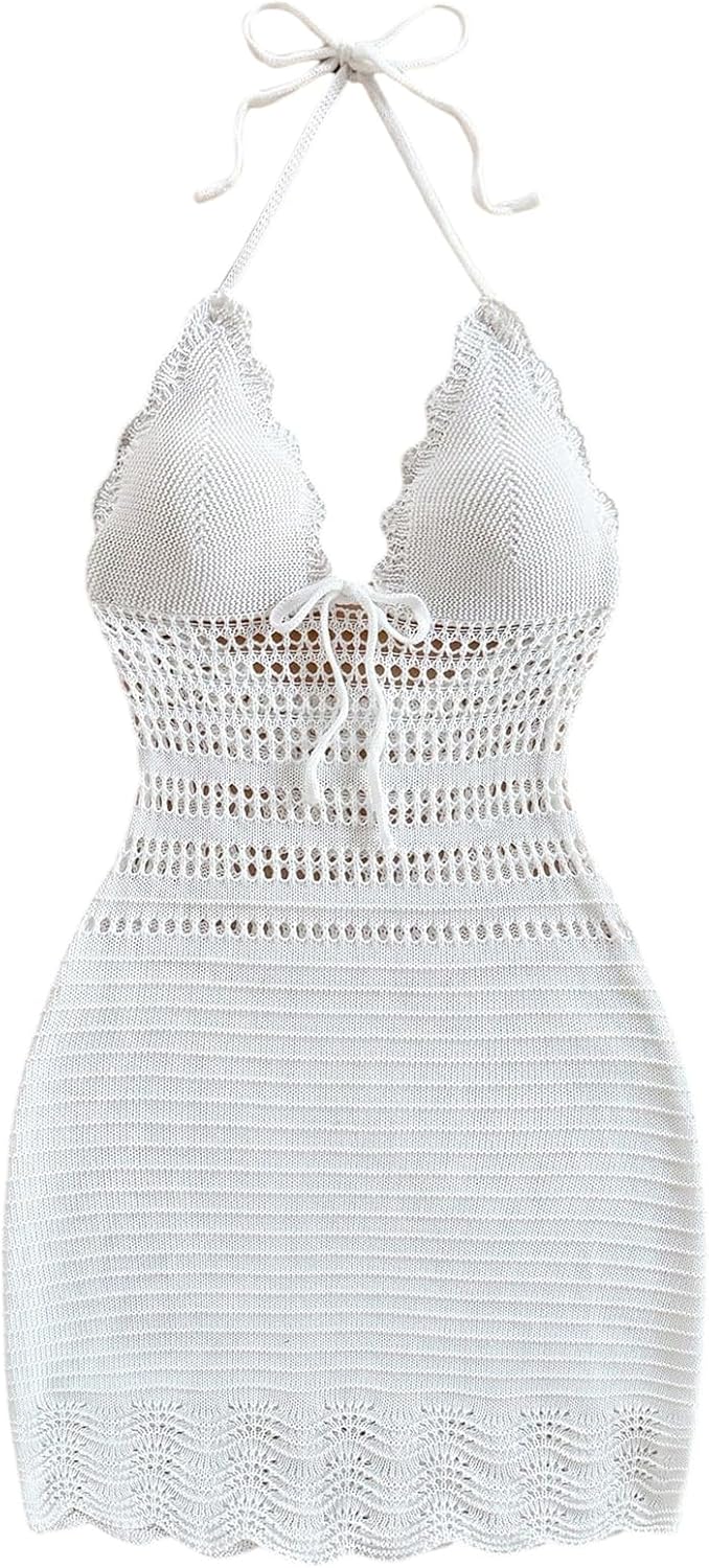 GORGLITTER Women's Crochet Halter Mini Dress Summer Vacation Outfits Bow Tie Backless Bodycon Knit Dresses Beach Sundress