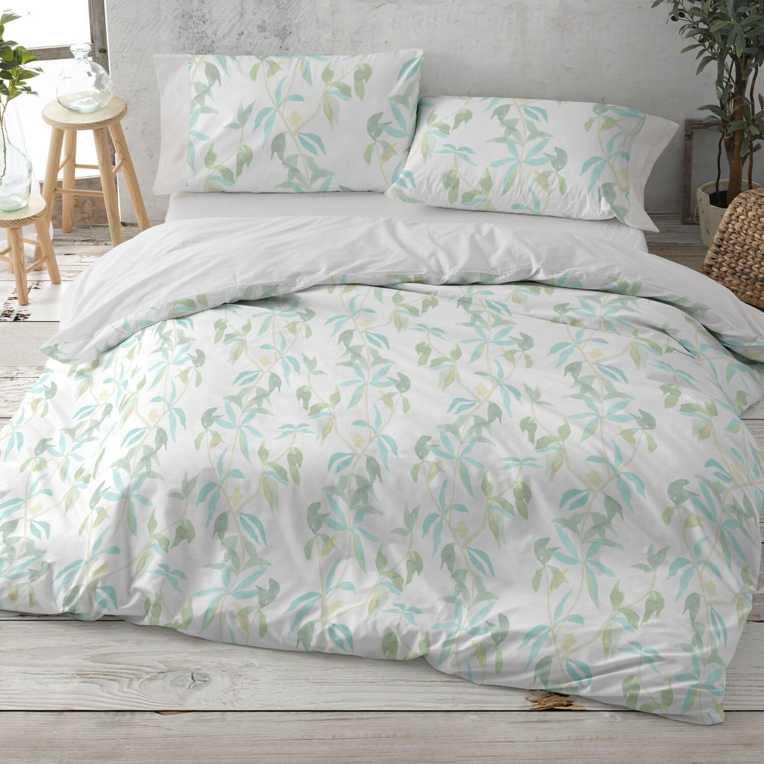 Burrito Blanco | Funda Nórdica Estampada Algodón 200 Hilos Cama 135 Verde | Incluye Bajera y 2 Fundas de Almohada | Cierre de Botones | 100% Algodón | Tacto Suave | Larga Duración | Fácil Planchado