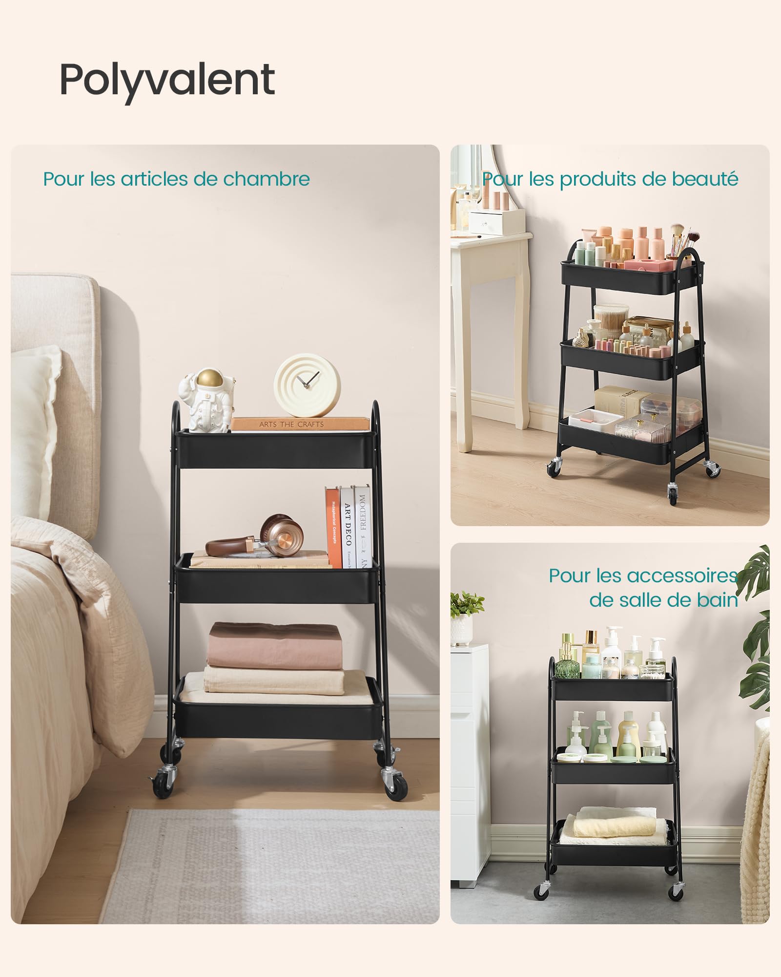 SONGMICS Desserte à roulettes en Acier, à 3 Niveaux, 45 x 31 x 77,5 cm | Chariot de Rangement, Étagère Cuisine, pour Salle de Bain et Buanderie, Noir d'encre, Collection PATAYE BSC068B01