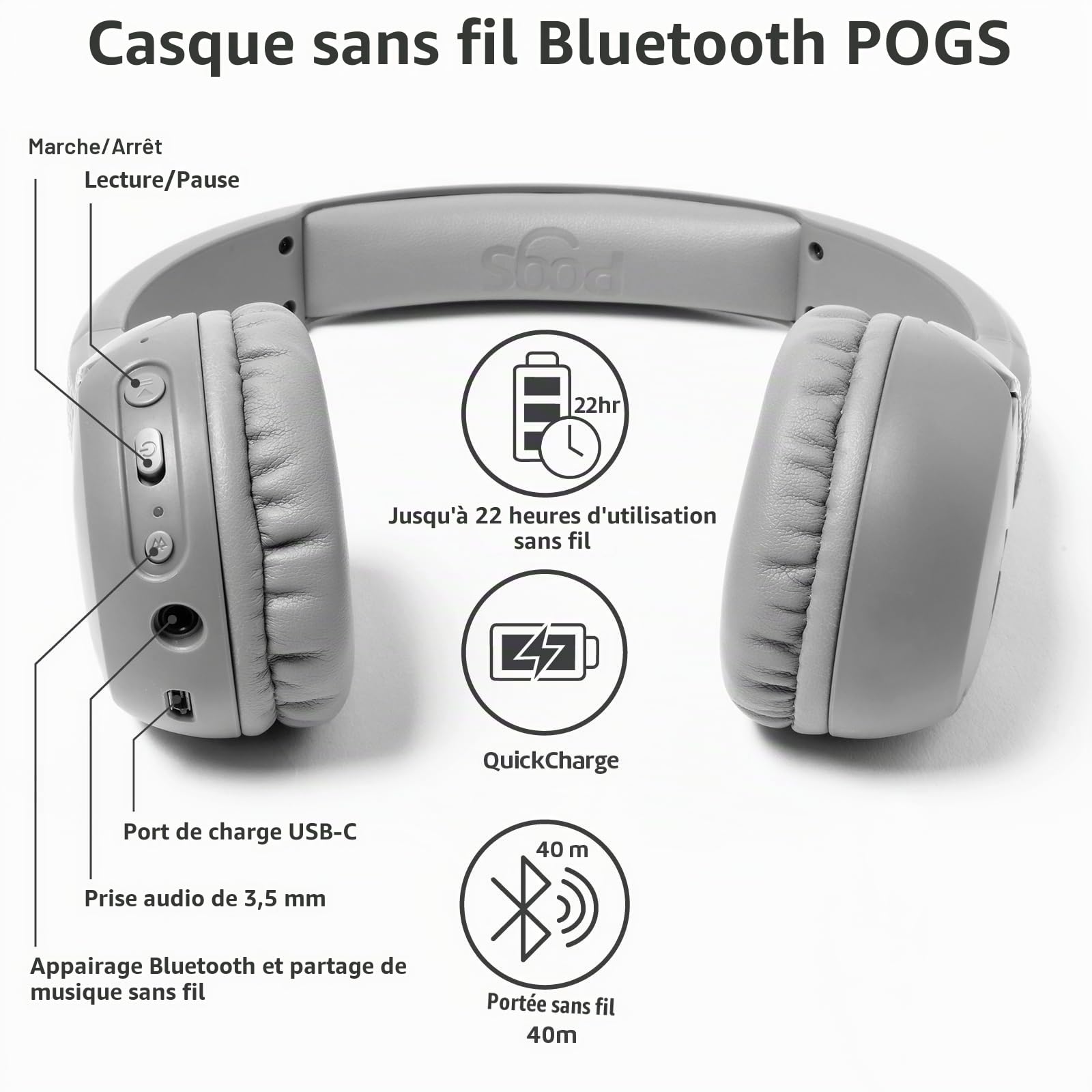 POGS Casque d'écoute Bluetooth sans Fil Kids | Le Gecko 2 | Casque réglable et Durable pour Enfants de 3 Ans et Plus | Volume limité à 85 DB | Microphone | Fonction de Partage de Musique (rGris)