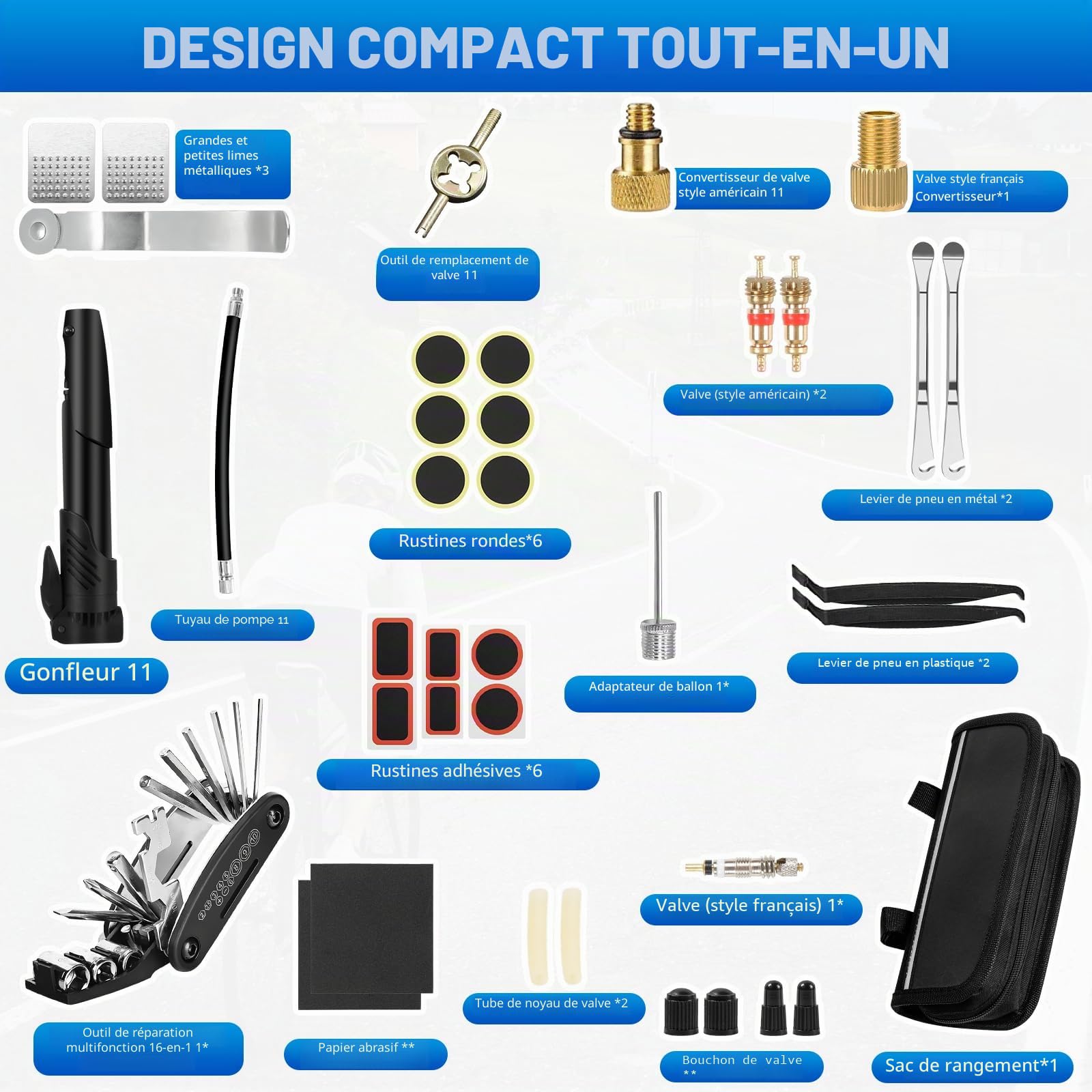 Ninonly 38PCS Kit Reparation Velo Kit Crevaison Velo avec Mini Pompe 120 PSI Kit Reparation Pneu Velo avec Outils Multifonction Pièce pour Bicyclette VTT Cyclisme