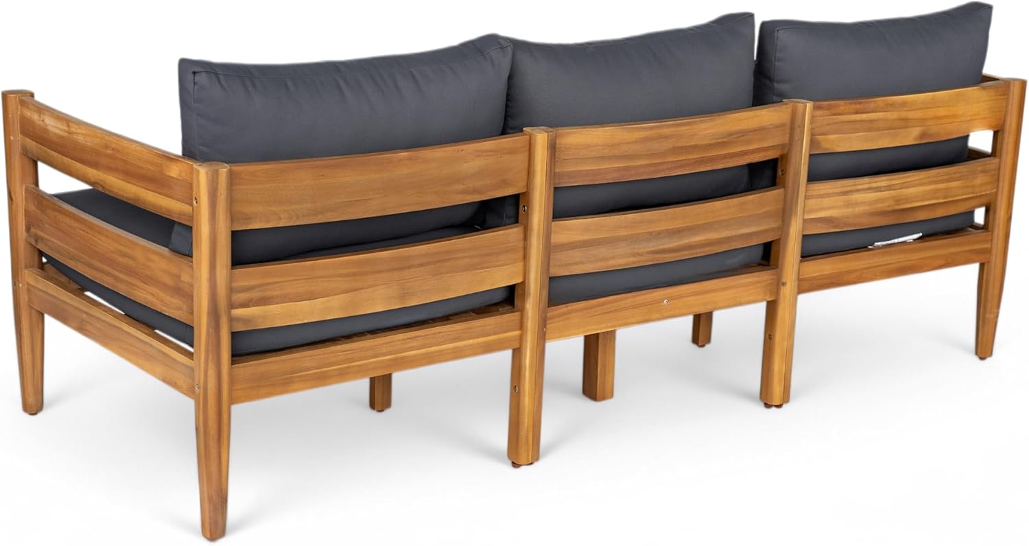 Christopher Knight Home Kavets 76.25'' W Outdoor 3 Seater Sofa with 5" Cushion, Acacia Wood Patio Sofa, Modern Slat Panel Bench, Spacious Seating Couch for Backyard Garden Porch, Light Teak+Dark Gray