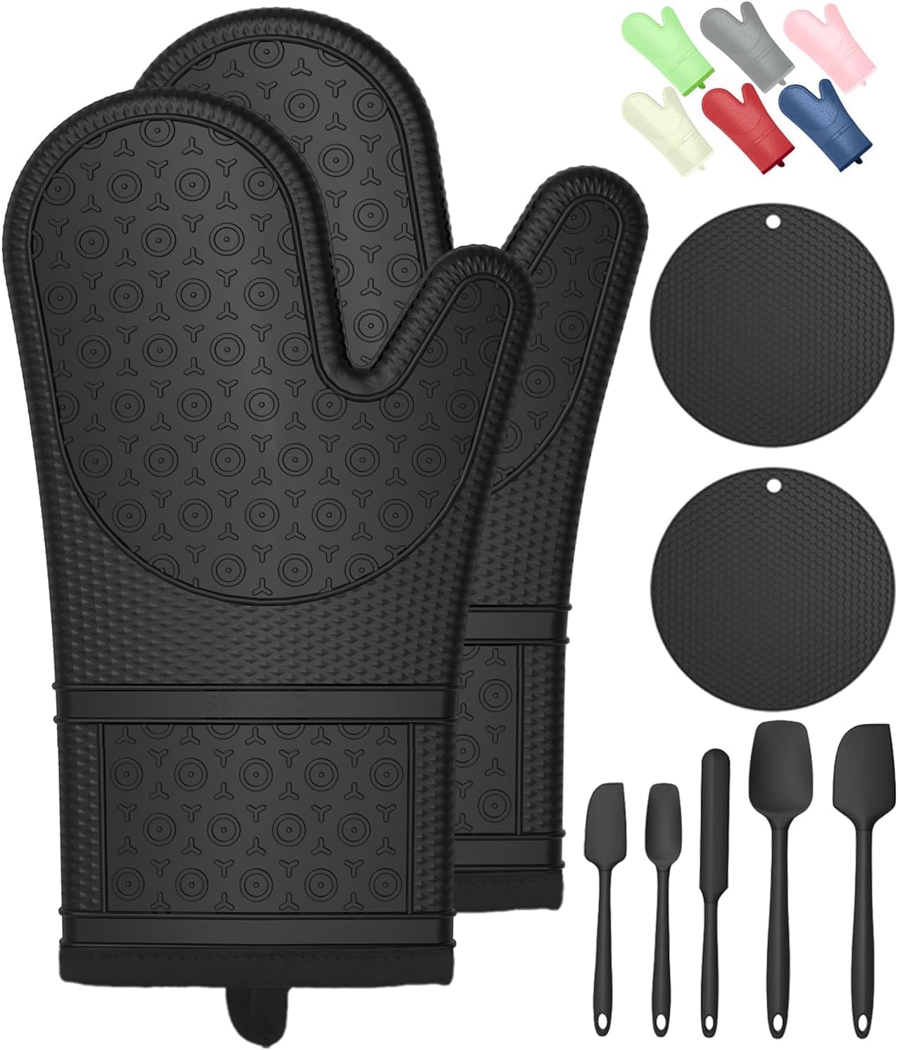 Guantes de horno de silicona con almohadillas calientes resistentes al calor y juego de cinco espátulas diseñados para cocina, hornear, cocinar, forro de algodón suave, impermeable, sin BPA (negro,
