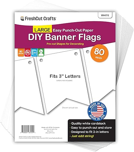 FreshCut Crafts 80 banderas de papel para bricolaje, pancartas blancas, grandes (3.75 x 5 pulgadas), cartulina hecha en Estados Unidos, banderines