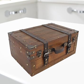 Atyhao Vintage Handbag Wooden Chest Portable Storage Trunk, Retro Suitcase for Clothes Toys Photo Prop, Strong Leather Handle (Large)