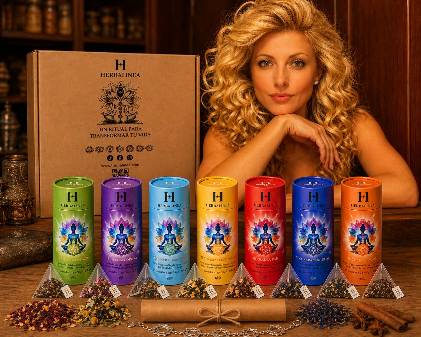 HERBALINEA Ritual Completo 7 Chakras – Pack Premium 7 Infusiones Ecológicas en Pirámides (15 por Chakra) | Incluye Pulsera y Pergamino Ritual | Bienestar Espiritual y Regalo Original