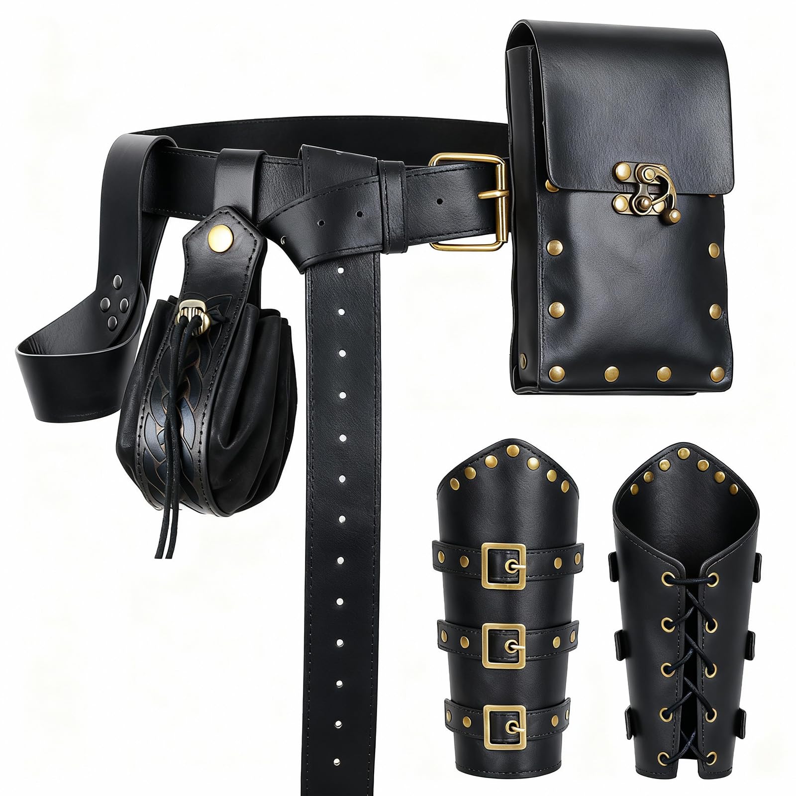 Renaissance Belt Pouch Set​​ Medieval Viking Pirate Leather Belt Pouch​​ &amp; Bracers, Festival Accessories for Halloween (Black-Sword)