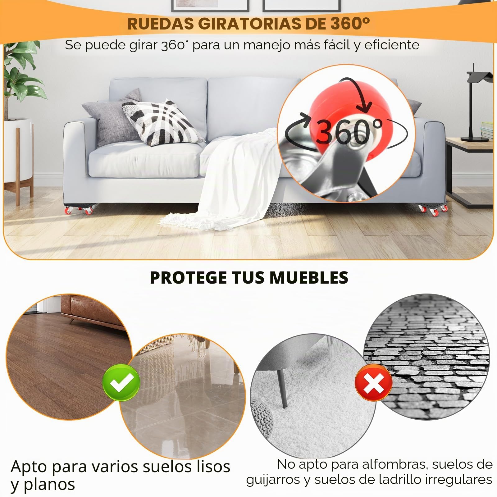 Juego de Transporte de Muebles, Elevador de Muebles de Servicio Pesado con Extensión de 330 mm, 4 Ruedas de Transporte y 4 Reguladores de Altura, Carga Máxima 400kg, Giratorio 360° para Transporte