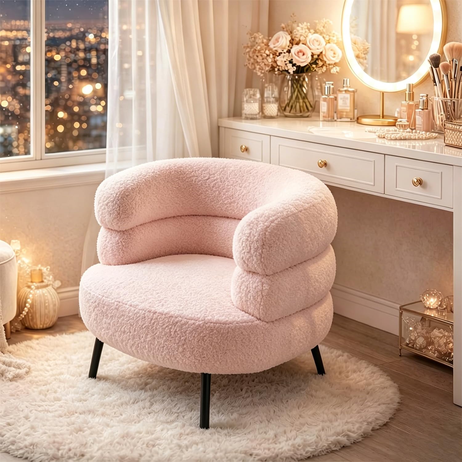 JUKMO Modern Makeup Vanity Chairs Soft Sherpa Accent Chair Curved Design Backrest Armchair Comfortable Barrel Chair for Reading & Relaxing in Living Room Bedroom Office (Pink) - Pink
