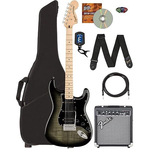 Fender Squier Affinity Stratocaster FMT HSS - Black Burst Bundle with Frontman 10G Amplifier, Gig Bag, Tuner, Instrument Cable, Strap, Picks, and Austin Bazaar Instructional DVD