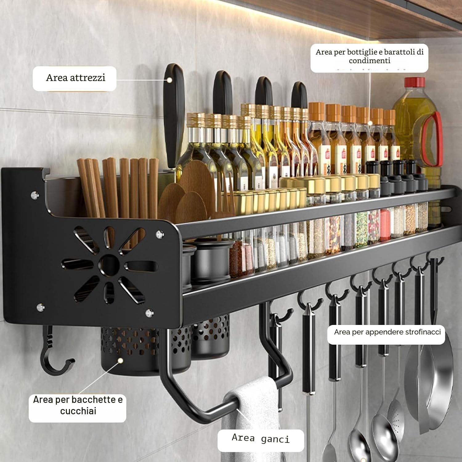 Portautensili da Cucina a Parete, Mensola Porta Spezie con Ganci, Mensola Sospesa per Spatola e Cucchiaio, Organizer per Barattoli di Spezie da 50 cm, Porta Coltelli e Utensili da Cucina