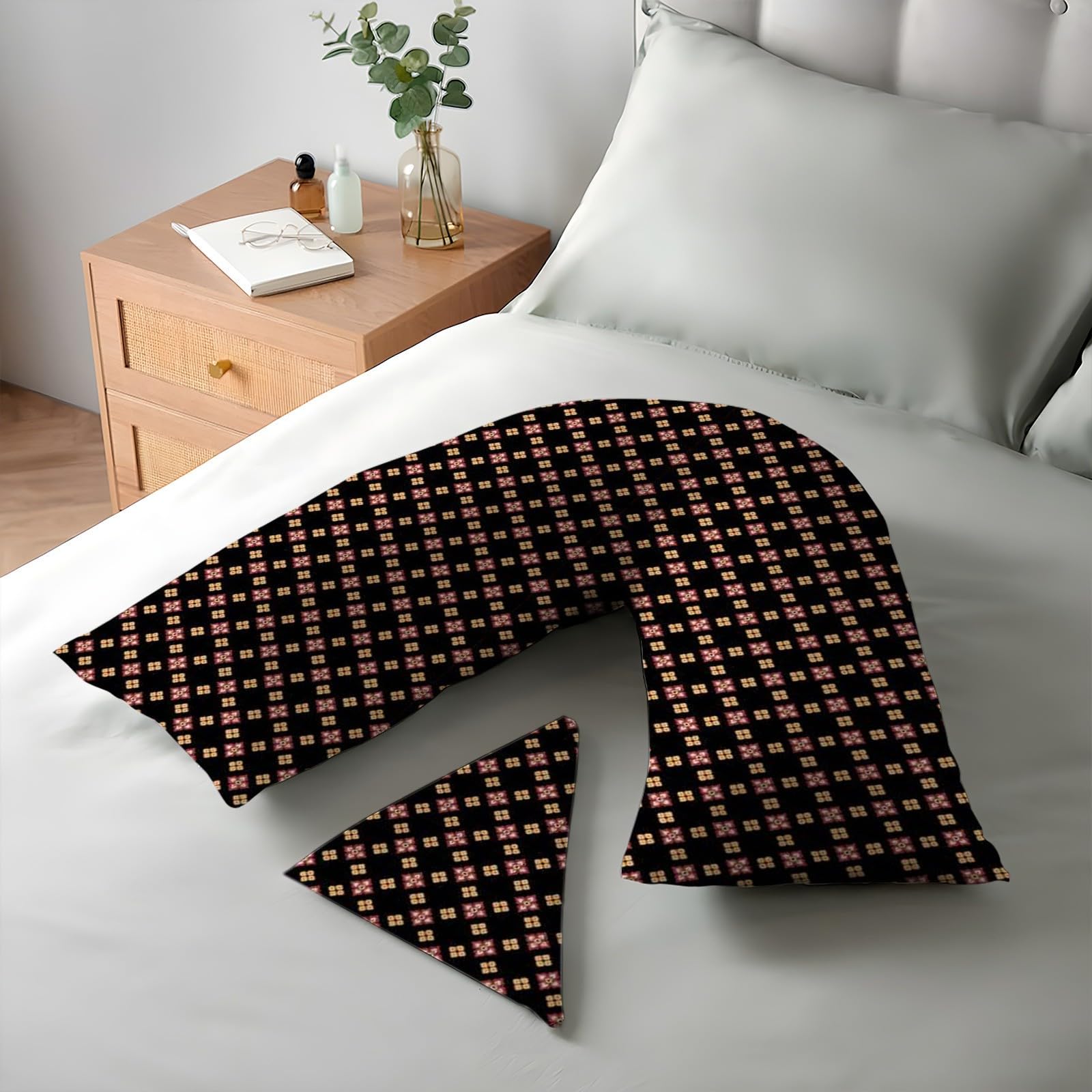 CHILIMILII V Shaped Orthopaedic Pillow with Printed Cover 74x34cm- Extra Filled with Virgin Hollow Fibre - Maternity & Pregnancy Support- Anti Allergy Triangle pillows for Adults (Pattern # 8)