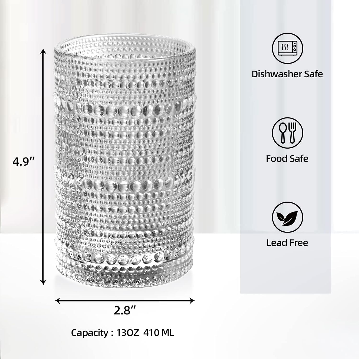 Hobnail Glasses Set of 6 Highball Vintage Drinking Glasses 13OZ Clear Embossed Vintage Glassware Hobnail Glass Cup for Water, Juice,Cocktail, Wine, Beer, Whiskey for Thanksgiving Day, Christmas Gift - Image 4