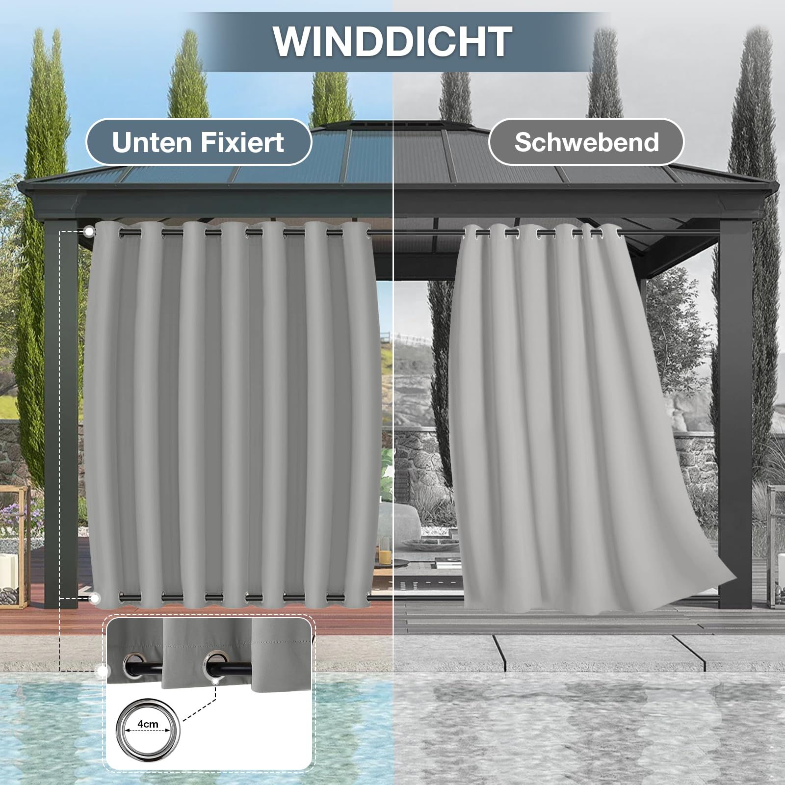 Outdoor Vorhang Wetterfest B254xH213CM, Wasserdicht Outdoorvorhänge mit Ösen, Aussen Gardinen Winddicht Sonnenschutz Sichtschutz für Garten Terrasse Balkon Pergola Pavillon (Hellgrau)