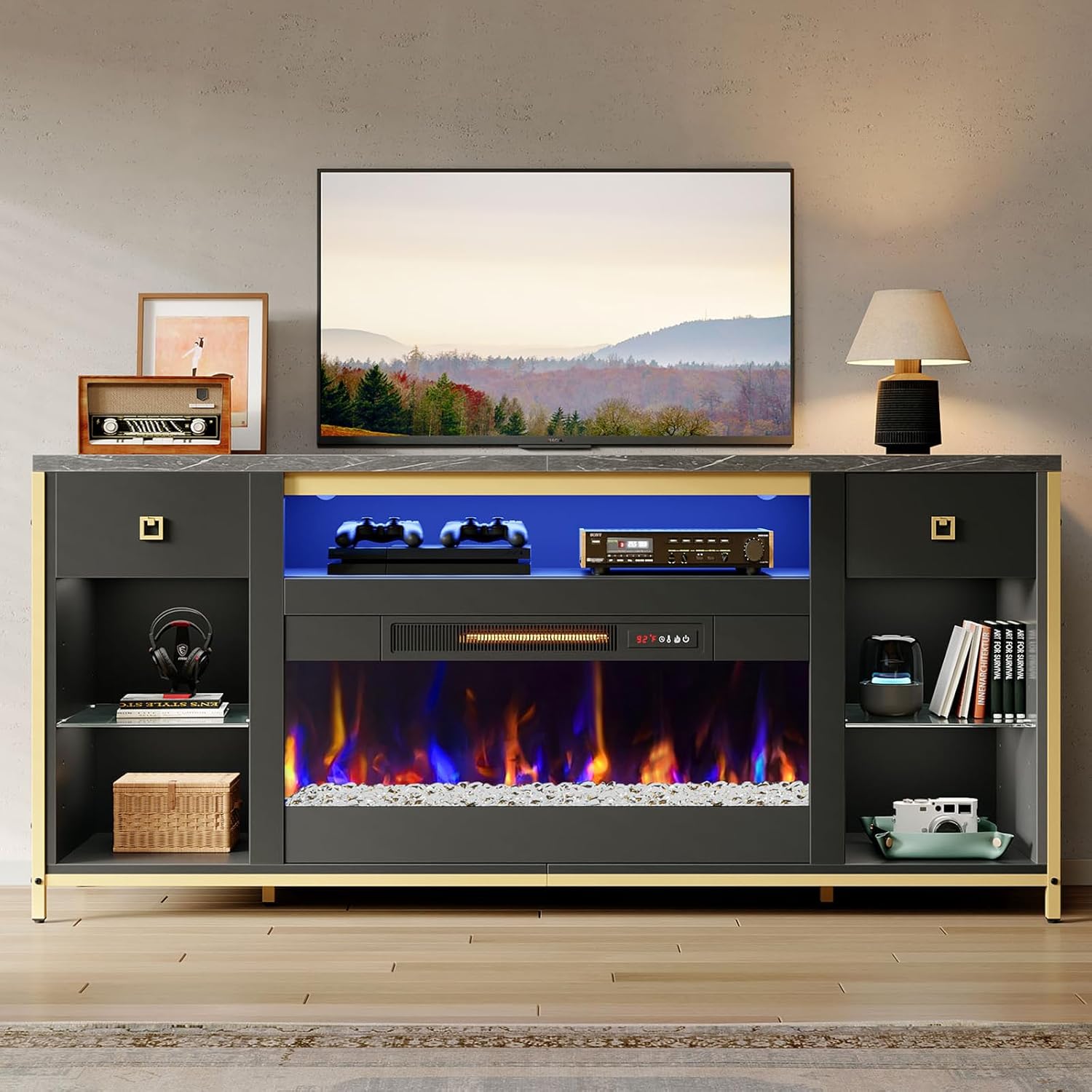 Bestier 70" Fireplace TV Stand, Modern Entertainment Center for TVs Up to 75", TV Console with Faux Marble Top, 2 Drawers and Adjustable Glass Shelves Design, Media Console for Living Room, Black