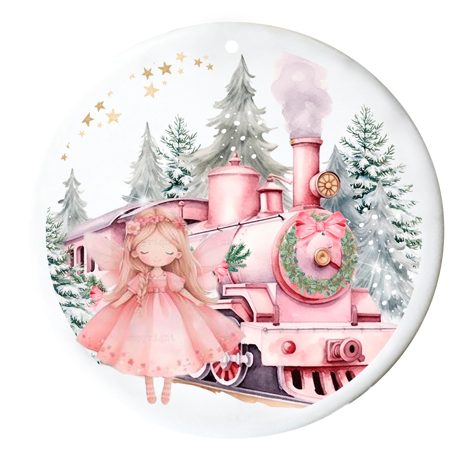 Smartypants White Pink Snowy Fairy Express Christmas Tree Hanging Bauble - Xmas Train Ornament Cute Festive Celebration Present Gift (White)
