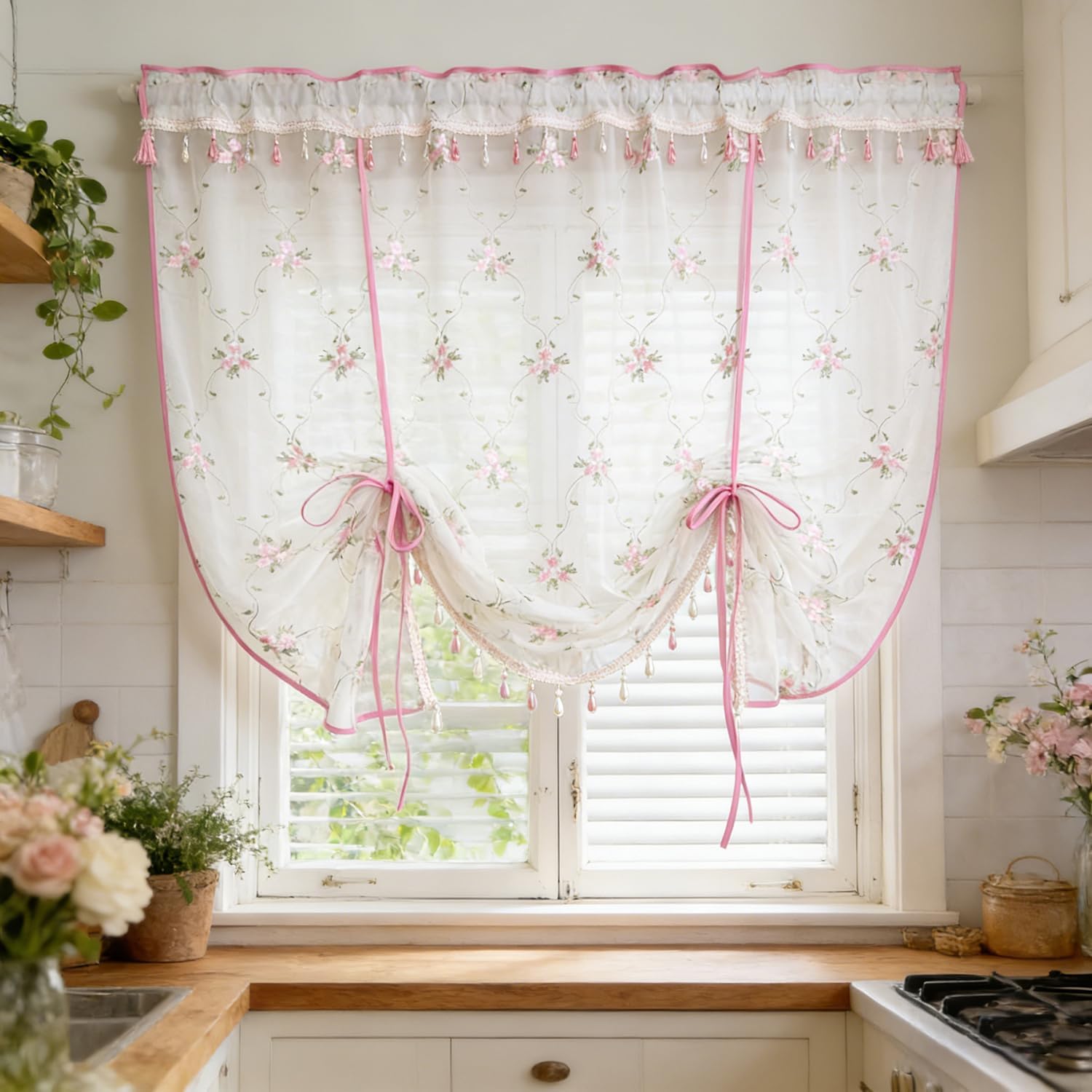 KMSG Pink Tie Up Sheer Curtain Valance with Trim for Kitchen Cottage Floral Embroidered Light Filtering Adjustable Balloon Lace Sheer Curtain Tier for Small Windows Rod Pocket 1 Panel W78 x L63 Inch