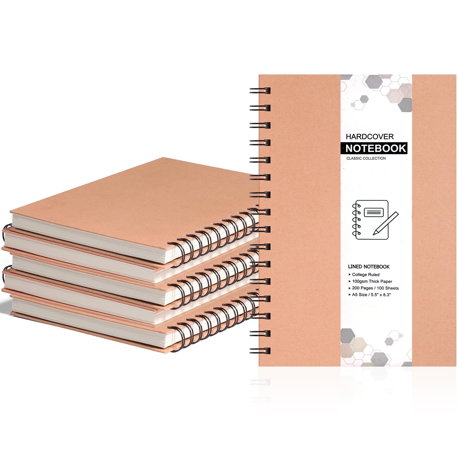 Lot de 6 carnets à spirale de 14,8 x 21 cm, A5, 100 feuilles (200 pages), avec couverture rigide en kraft, ligné pour le travail, l'école, les étudiants, les cadeaux