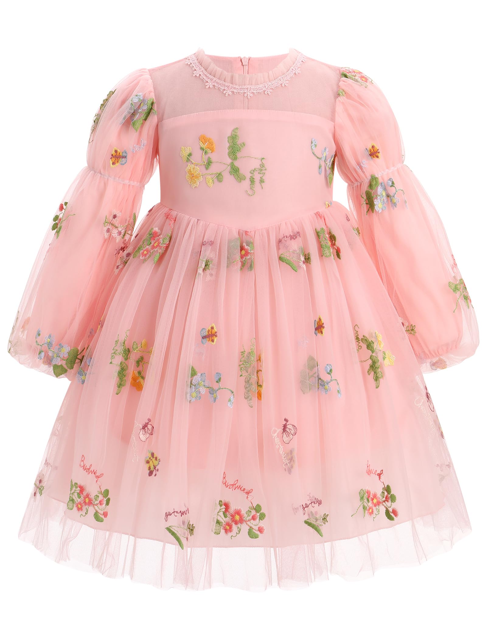 Long Sleeve Baby Flower Girl Wedding Dress Princess Sheer Neck Floral Tulle Toddler Birthday Formal Easter Clothes