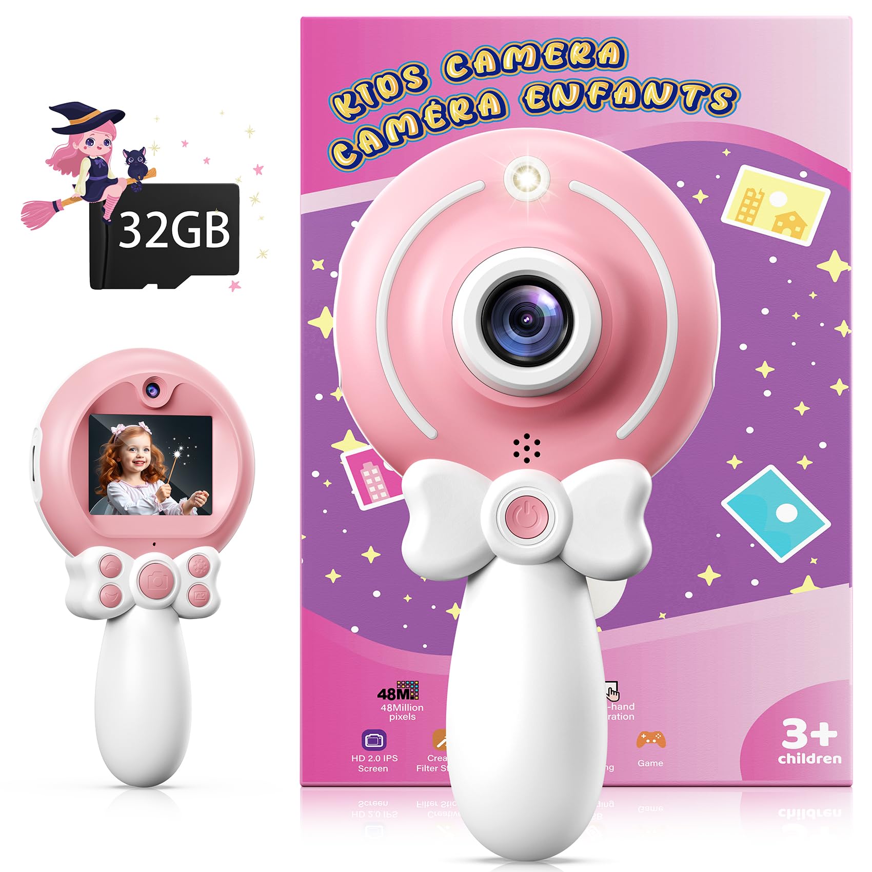 TEKFUN Kids Camera Toy for Girls - Birthday Gifts with Magic Wand Design - Digital Video Camera for Kids with 32GB SD Card - Easter Basket Essentials for Little Girl 2 3 4 5 6 Year Olds (Pink)