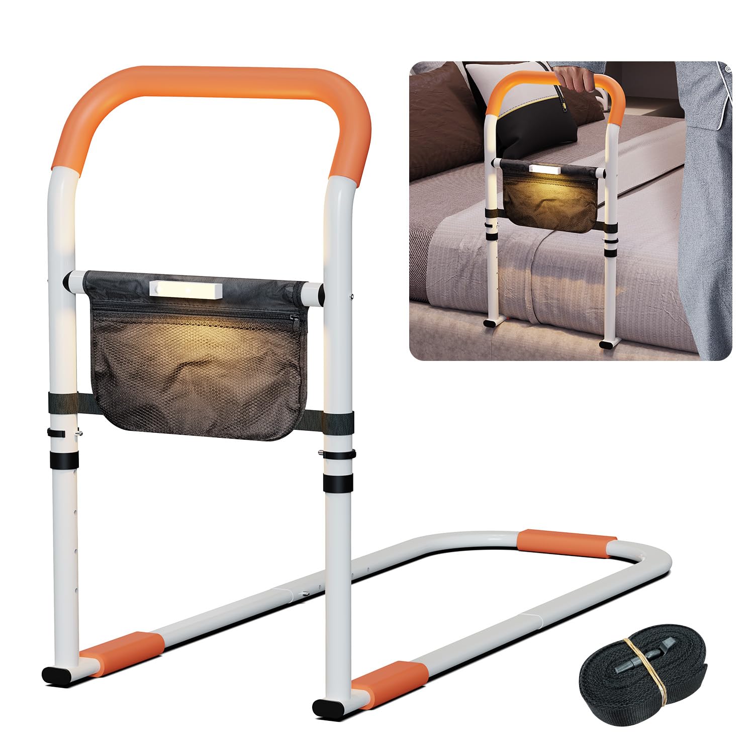 Zelvia Aufstehhilfe Bett für Senioren Höhenverstellbarer Bettgriff mit rutschfestem Handgriff abnehmbarem LED-Sensorlicht mit Tasche Alltagshilfen für Senioren Schwangere Reha Patienten (Orange)