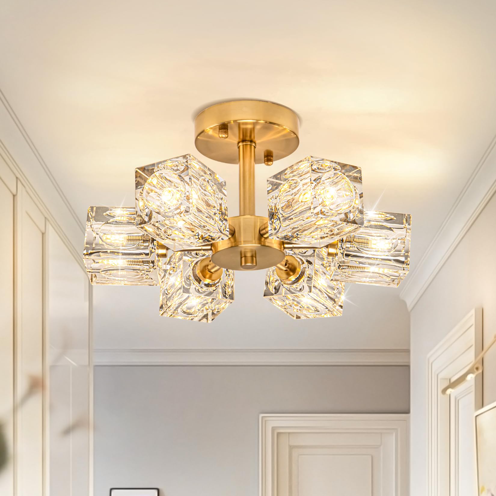 JUJUQI Modern Gold Crystal Ceiling Light, 6-Light semi Flush Mount Sputnik Chandelier with Rectangular K9 Crystals for Hallway Bedroom Dining Room