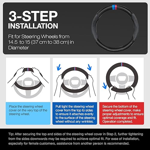 Miniatura 10 de Funda de volante de fibra de carbono, antideslizante y absorbente del sudor, fundas para volante de 15 pulgadas para hombres y mujeres, negro (negro