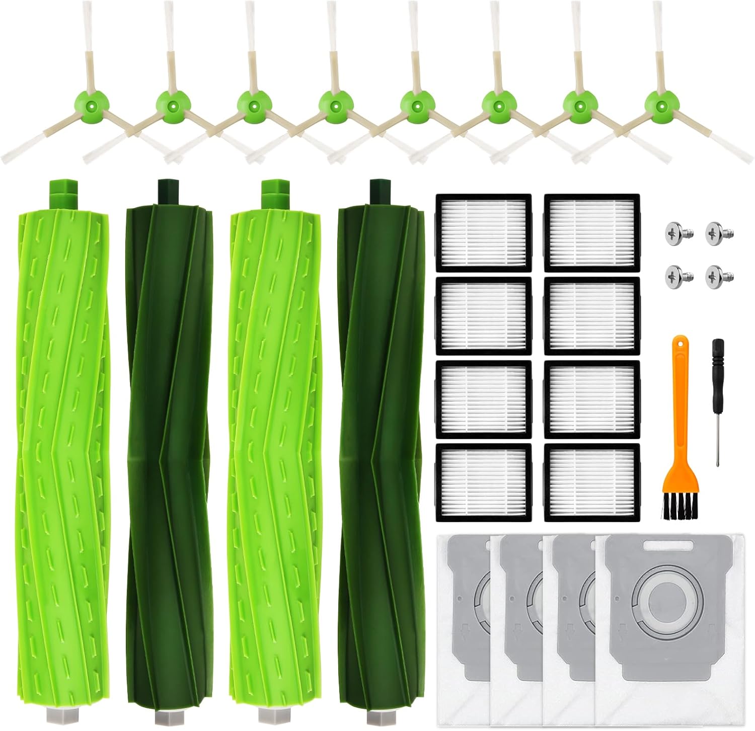 22pc Replacement Parts for iRobot Roomba i7 i7 i3 i3 i4 i6 i6 i8 i8Plus E5 E6 E7 j7 I,E &amp; J Series Vacuum Cleaner, 2 Set Rubber Brushes, 8 HEPA Filters, 8 Side Brushes and 4 Vacuum Bags