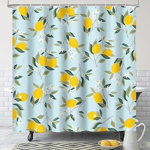 Cortina de ducha de limón amarillo moderno, cortinas de ducha de tela de hojas de plantas para baño, cortina de ducha verde salvia, juego de