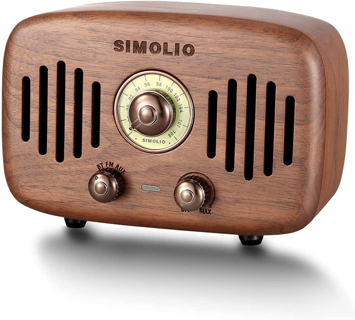 SIMOLIO Retro Bluetooth Speakers with Loud HD Sound, Nature Black Walnut Vintage Style Wooden Speaker with FM Radio & AUX in, Advanced CSR Chip, Portable Bluetooth Speaker for Home Office Decorations