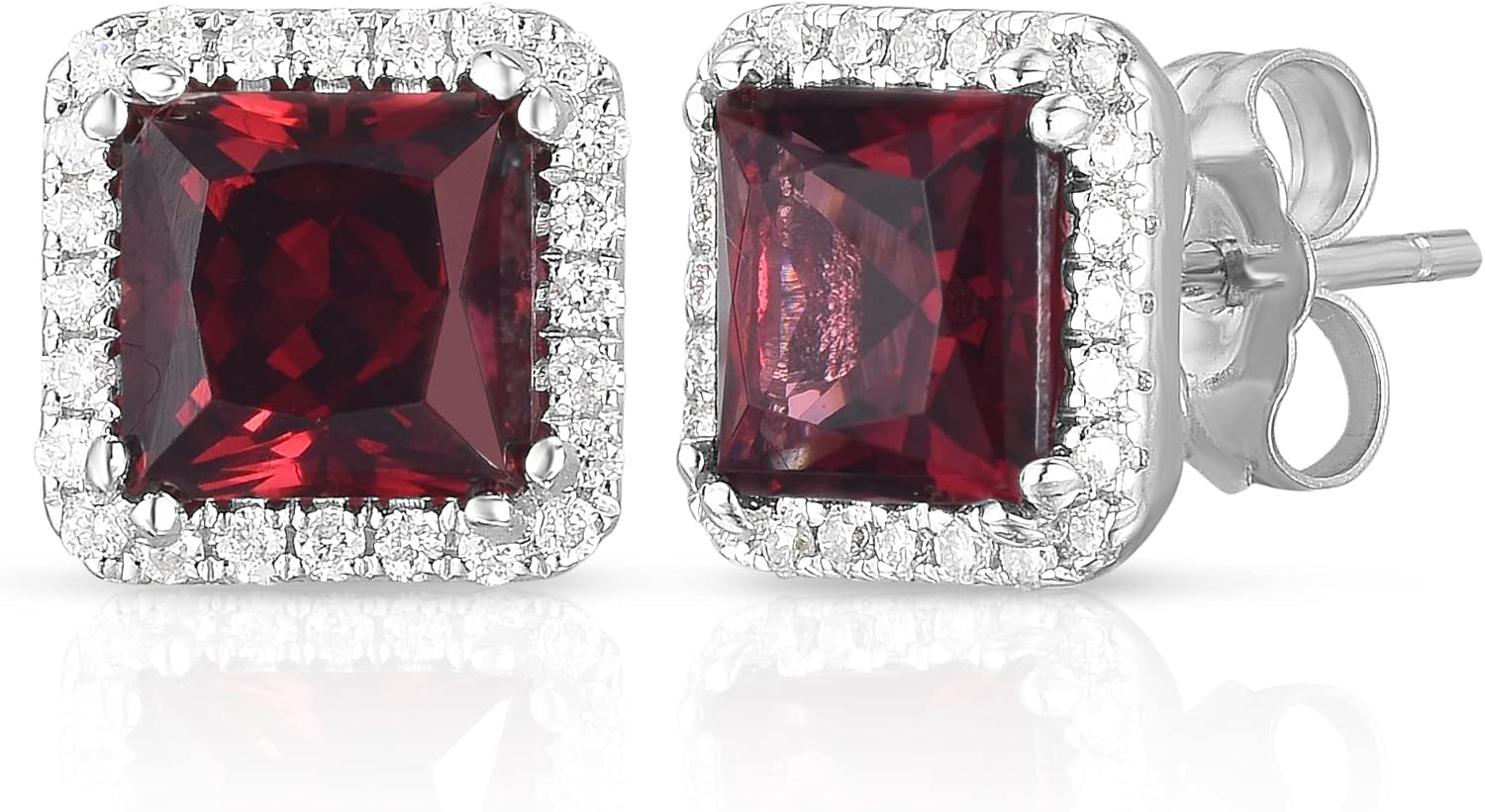 14K White Gold 5.5mm Genuine Rhodolite Square Stud Earrings with Diamonds - Image 2