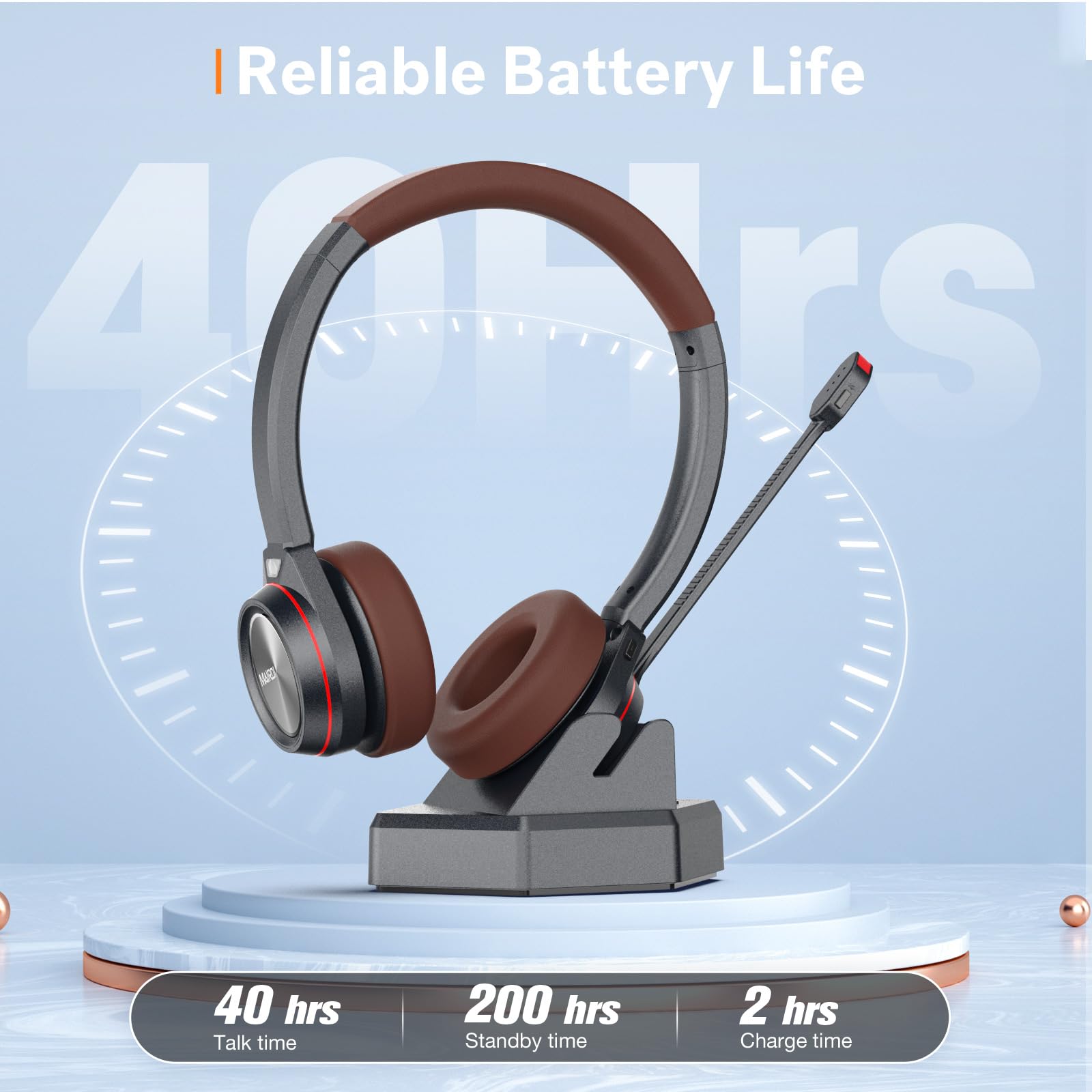 MAIRDI Auriculares Bluetooth con micrófono para PC, tiempo de reproducción de 40 horas, auriculares inalámbricos con cancelación de ruido para oficina, trabajo, teléfono, centro de llamadas, equipos