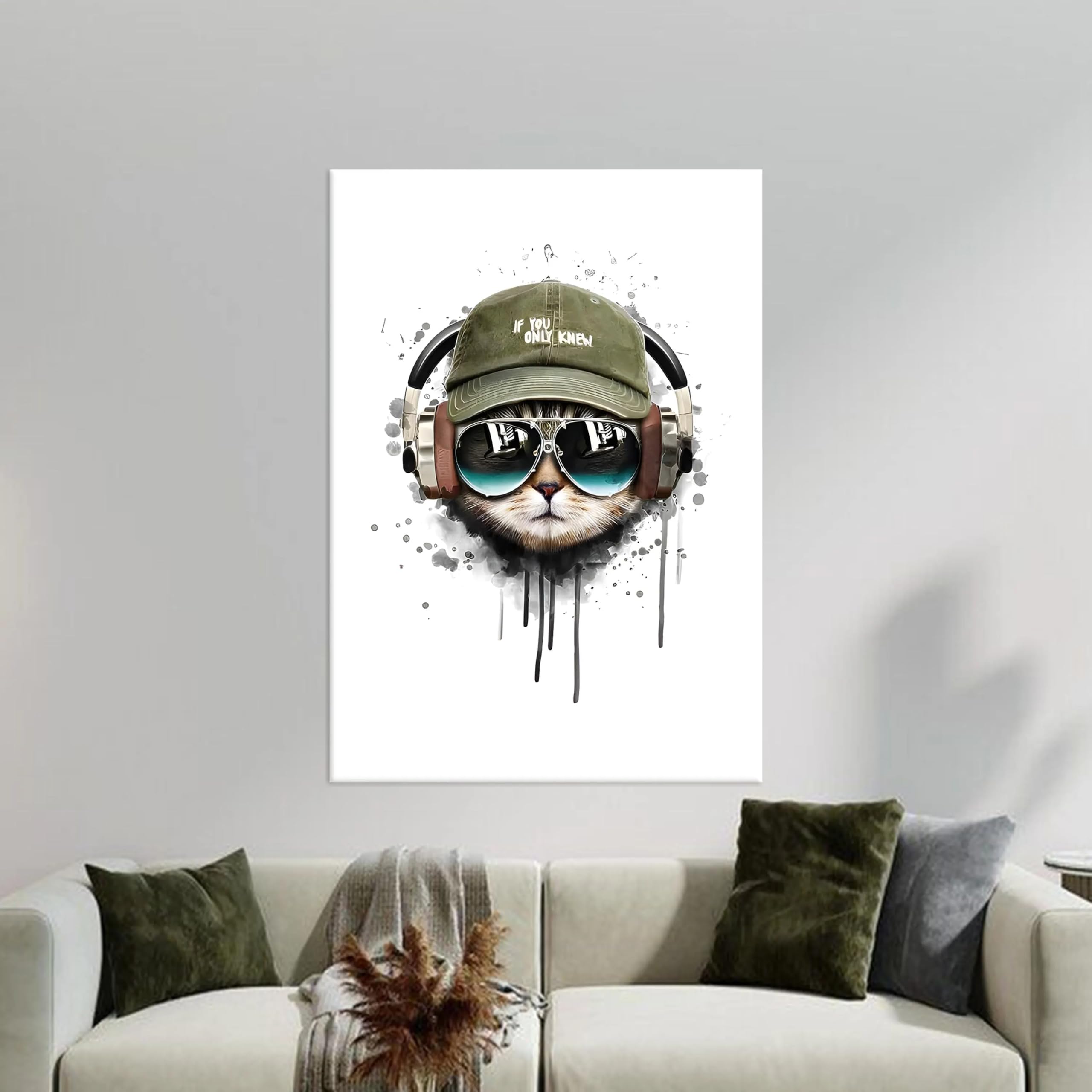 LYBCEOUG Tela divertente con gatto, arte murale hip hop, poster di animali, decorazione per la tana dell'uomo (70x90 cm/con cornice)
