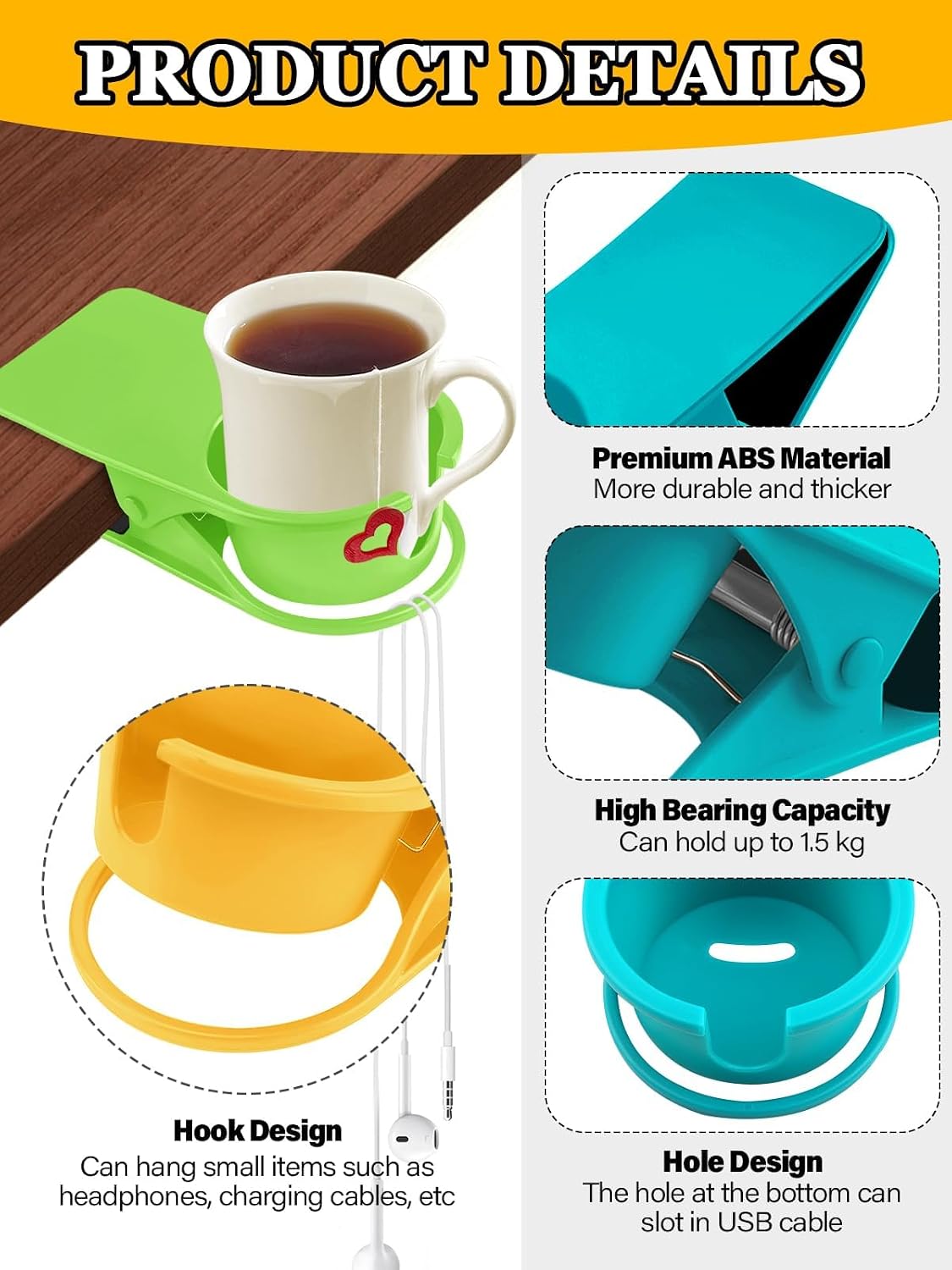 3PCS Drinking Cup Holder Clip Kalolary Chair Desk Bottle Cup Stand DIY Glass Clamp Storage Saucer Clip with Groove for Potted Plant Beverage Coffee Mug Holder Clip for Home Office (Yellow Green Blue) image 3