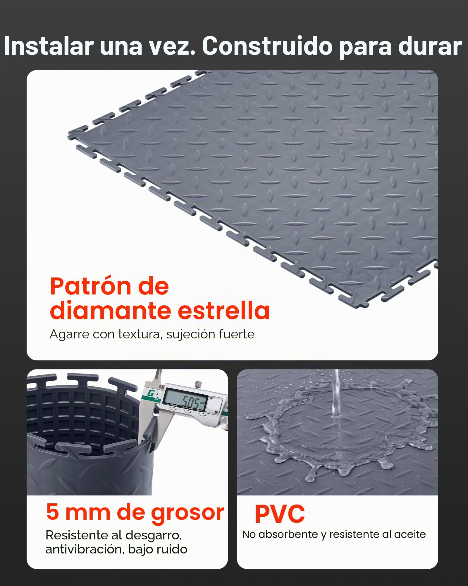 VEVOR Suelo de PVC Antideslizante para Garaje, Paquete de 16 Unidades de 513 x 513 x 5 mm, Instalación por Clic, con Patrón de Diamante para Taller, Almacén, Cuarto de Herramientas, Gris Grafito