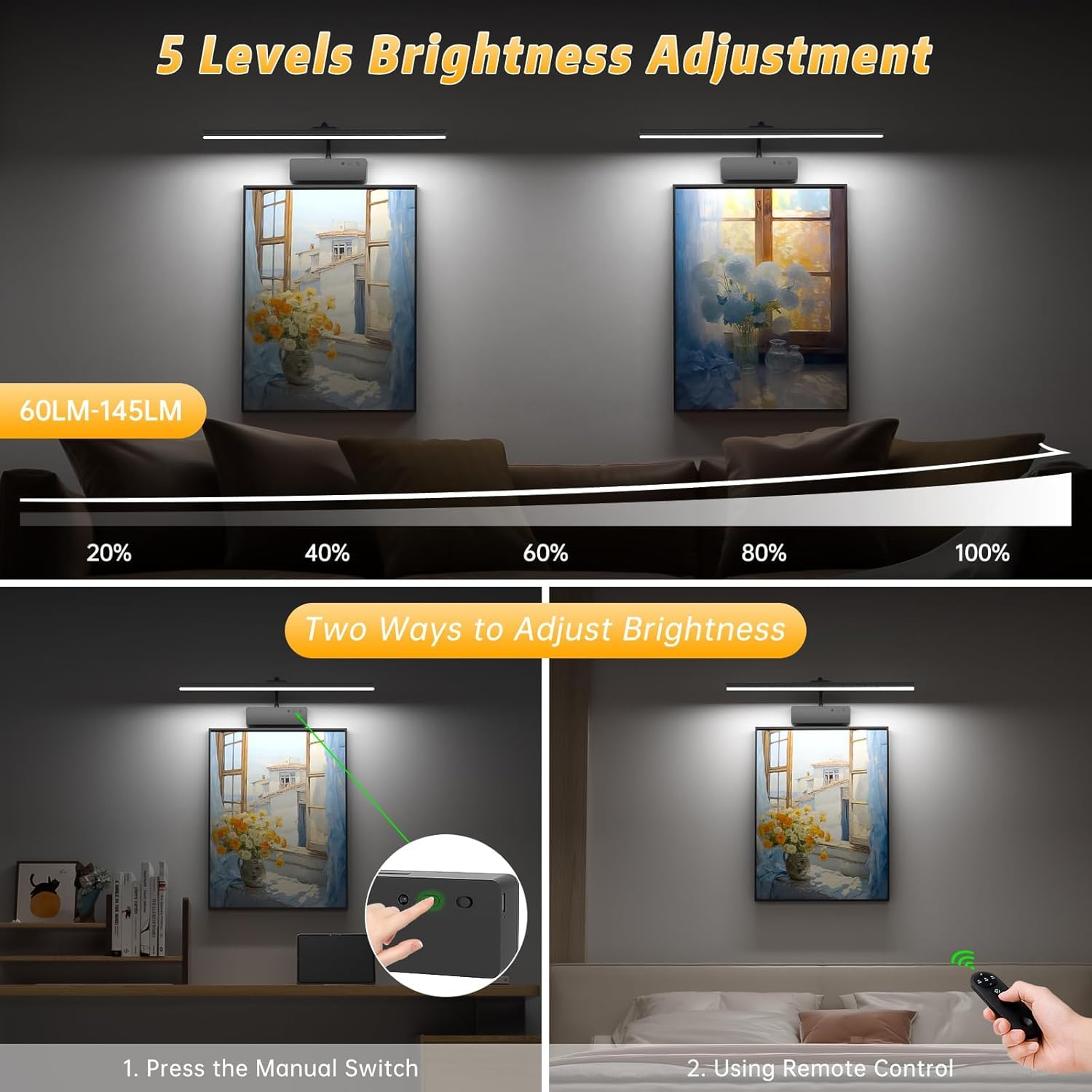 Bilderleuchte mit Fernbedienung Dimmbar und Timer Wandleuchten Kabellose Wiederaufladbare Batterie Wandlampen Akku LED Innen 360° Verstellbare Bilderlampe Wand Lampe 5W für Display Schwarz
