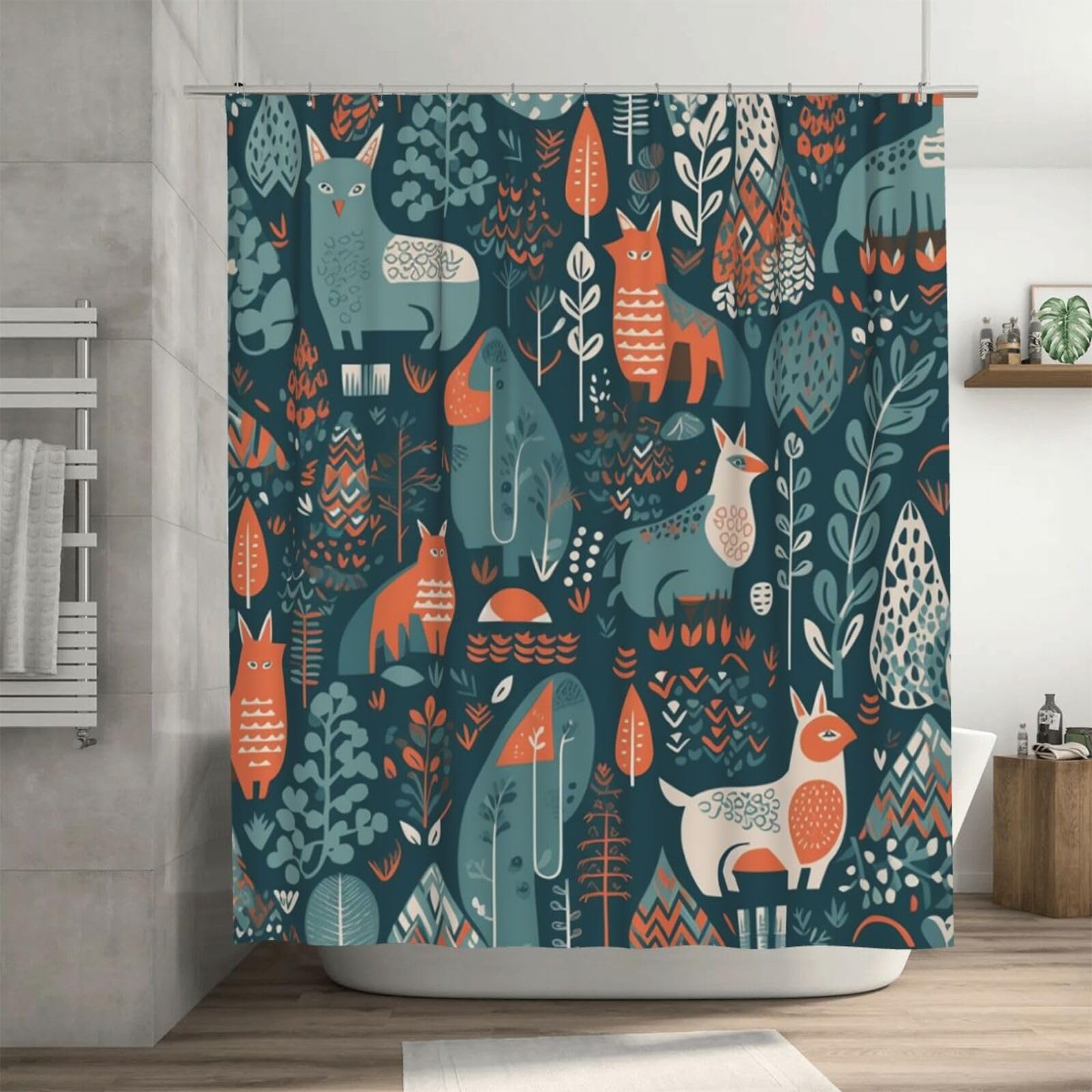 Rideau de douche animaux scandinaves 182x182 cm étanche avec 12 crochets