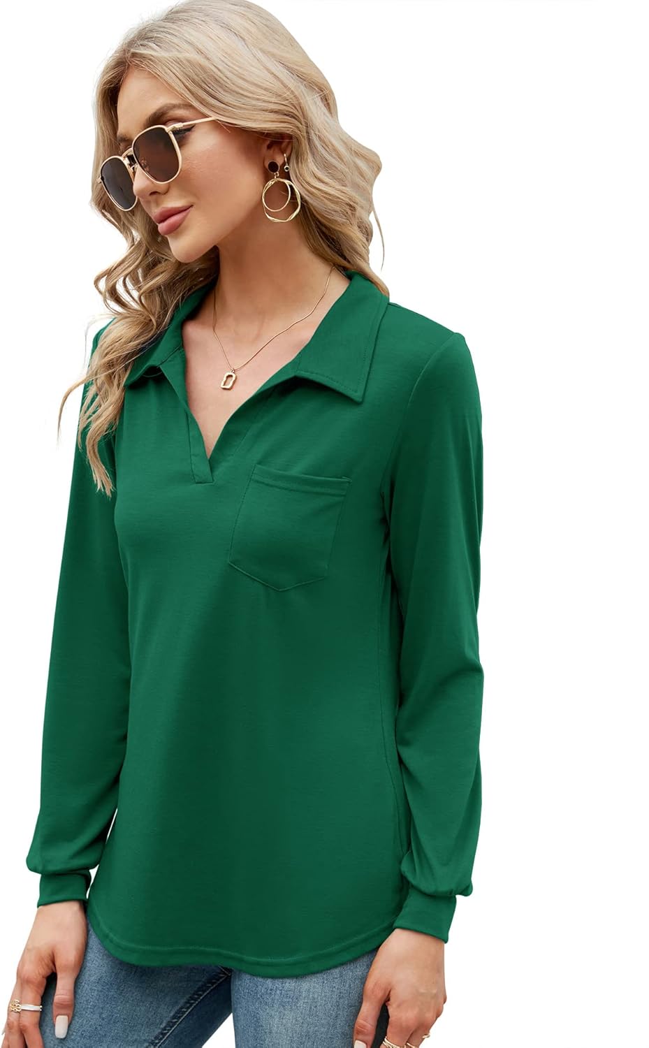 AKEWEI Womens V Neck Polo Shirts Short Sleeve Collared Tops Loose Casual Tunic Blouses with Pocket - Image 3