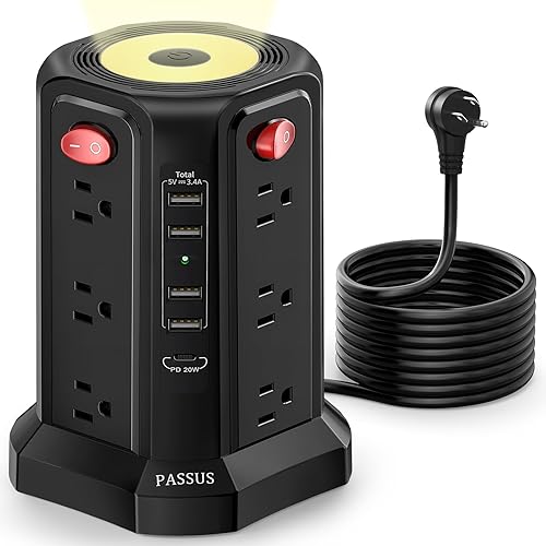 Miniatura 7 de Regleta de alimentación con protector de sobretensiones con cable de 10 pies 1625 W  13 A, torre de alimentación con 5 puertos USB y luz nocturna,