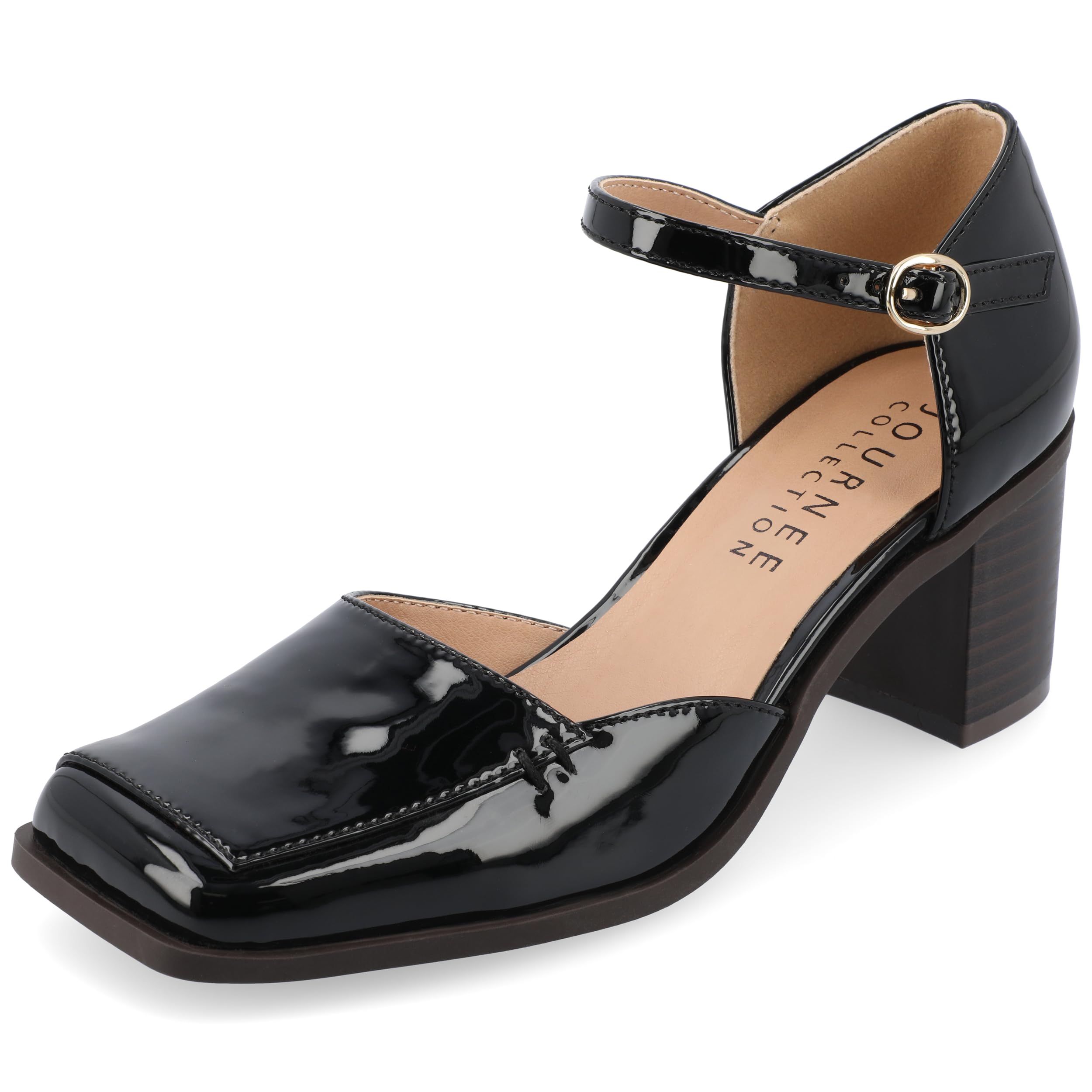Journee Collection Womens Buckle Strap Open Square Toe Chunky Stacked Block Heel Evangeline Comfort Foam Pumps