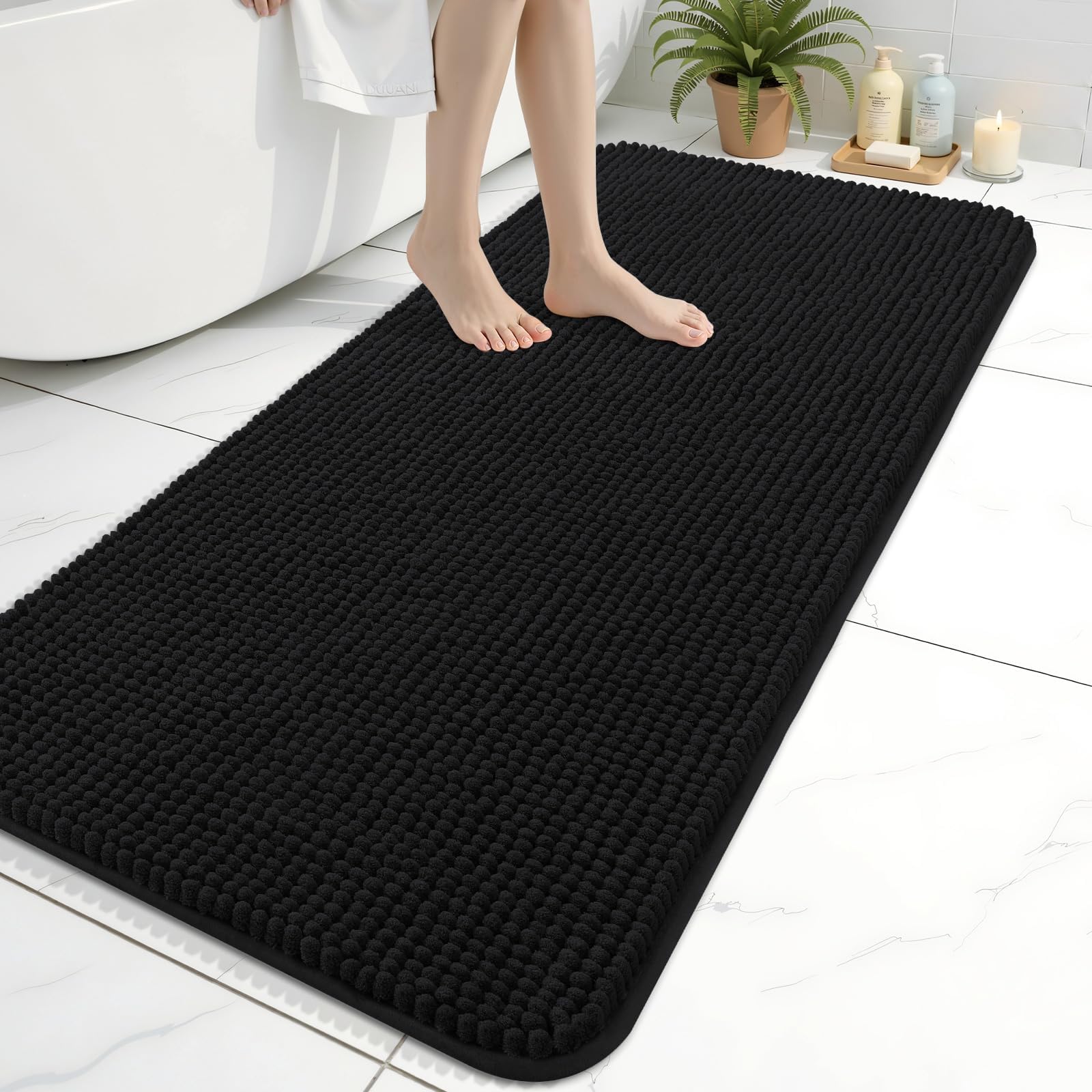 Homaxy Thick Soft Fluffy Bath Mat, Chenille Absorbent Bathroom Mat, Non Slip Bath Mats for Bathroom, Machine Washable Quick Drying Bath Rug, 61×120 cm, Black