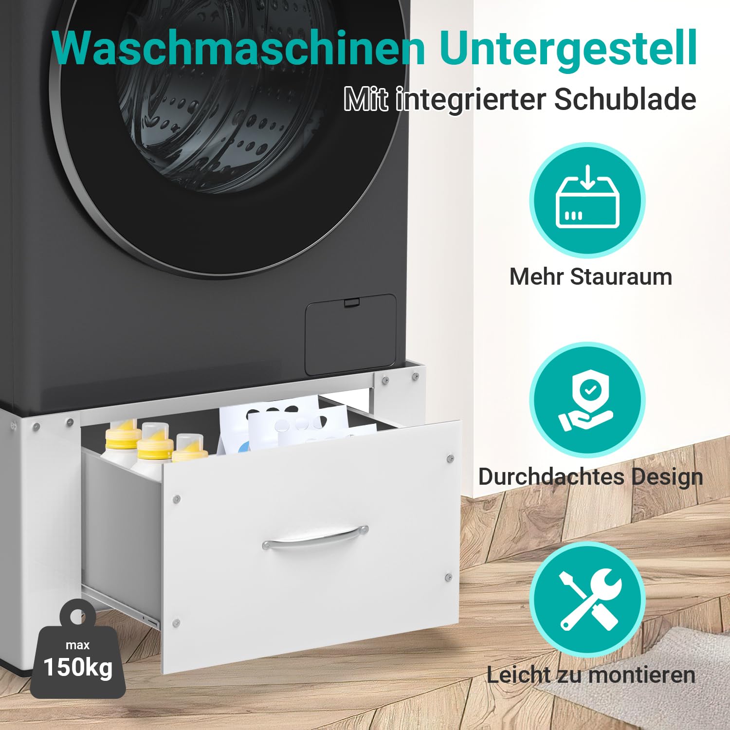 Herrselsam 2x Waschmaschinen Untergestell mit Schublade 63x54x32 cm – Podest mit Montagewerkzeug, stabiler Bodenrahmen, Schubladenfront 46x25 cm, Geräuschdämmend – für Waschmaschine & Trockner, Weiß