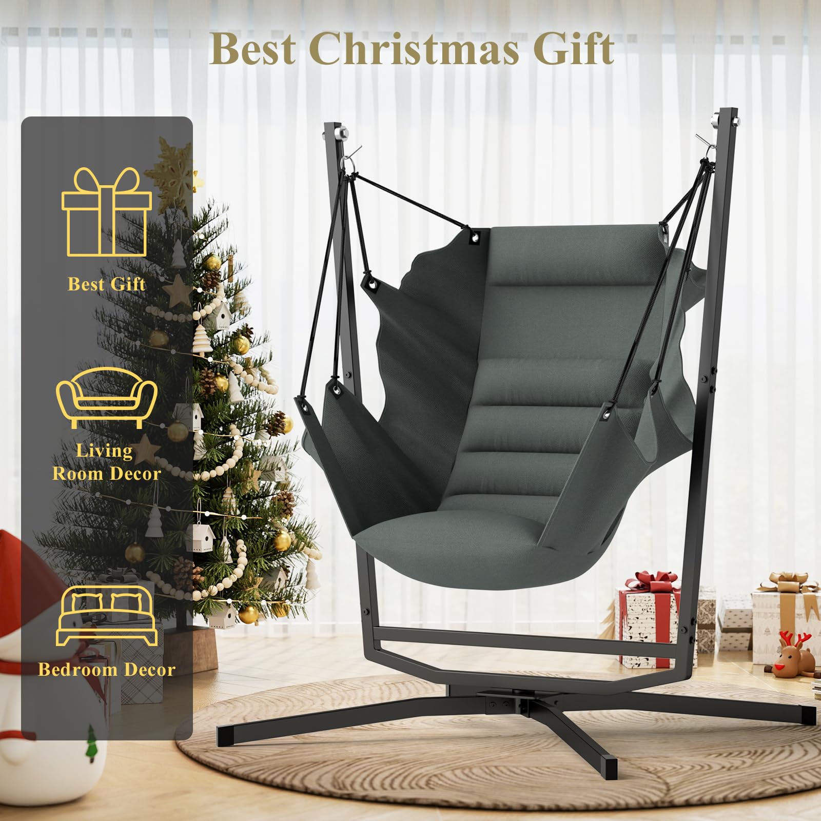Fauteuil suspendu avec coussin, charge maximale de 180 kg, avec structure, pivotant à 360°, pour l'intérieur et l'extérieur, pour chambre à coucher, terrasse, véranda, terrasse, jardin, balcon (gris)