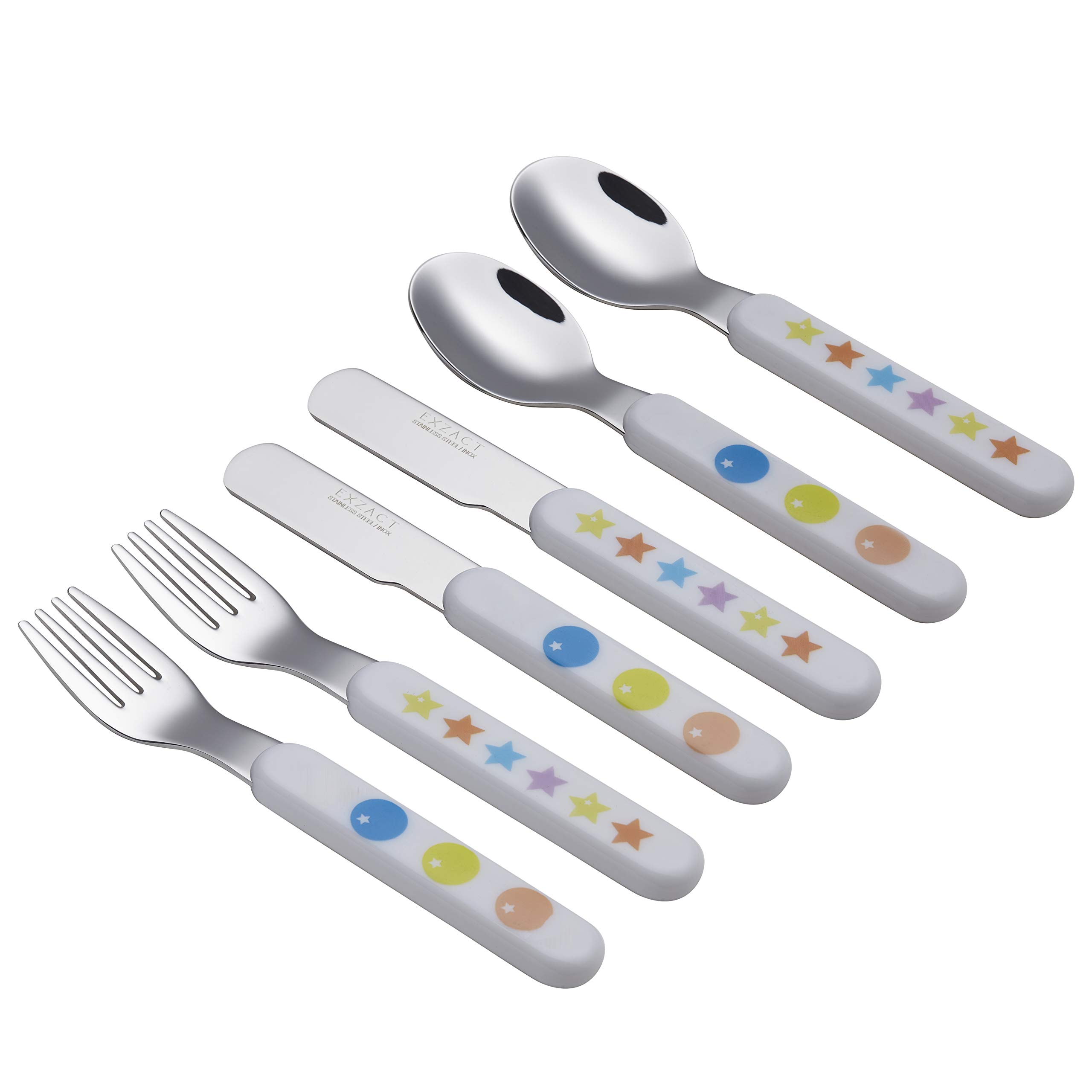 Exzact Cubiertos Infantiles 6 Piezas de Acero Inoxidable 18/10-2 x Tenedores, 2 x Cuchillos de Seguridad, 2 x cucharas, Mango de plástico, Cubertería Infantil sin BPA - Estrellas y Puntos