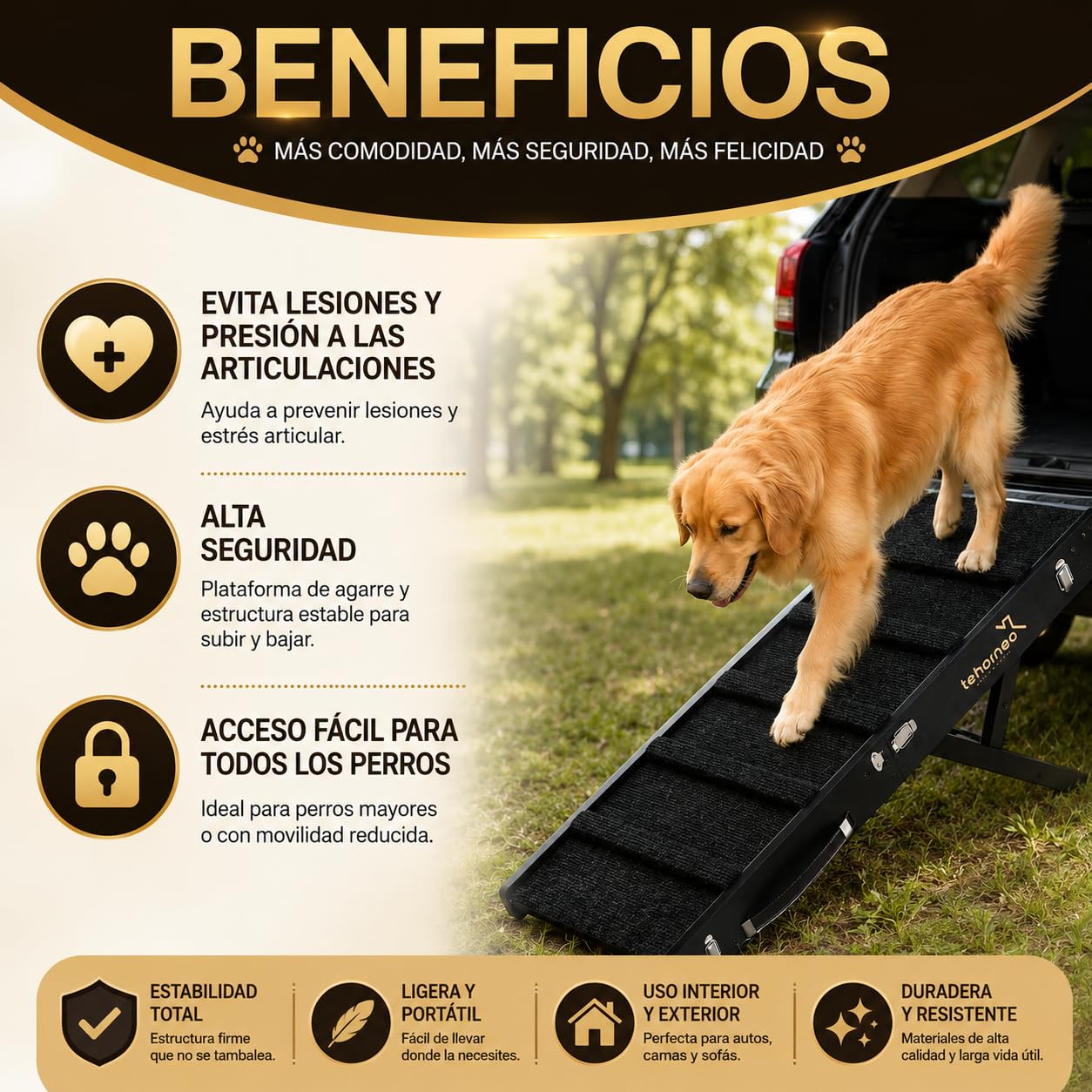 TEHORNEO Rampa para Perros, Rampa para Perros Cama 4 Alturas Ajustables 25 cm a 41 cm, Rampas para Perros hasta 20 KG con Almohadilla Antideslizante, Dog Ramp, Ramoa para Perros, Dog Ramp for Bed
