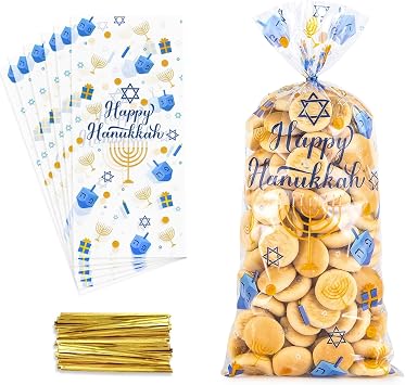 Glodecart 100PCS Hanukkah Cellophane Bags for Candy Cookie, Star of David Menorah Happy Hanukkah Candy Bags with Twist-Ties Jewish-themed Treat Goody Bags for Hanukkah Jewish Party Favors Supplies
