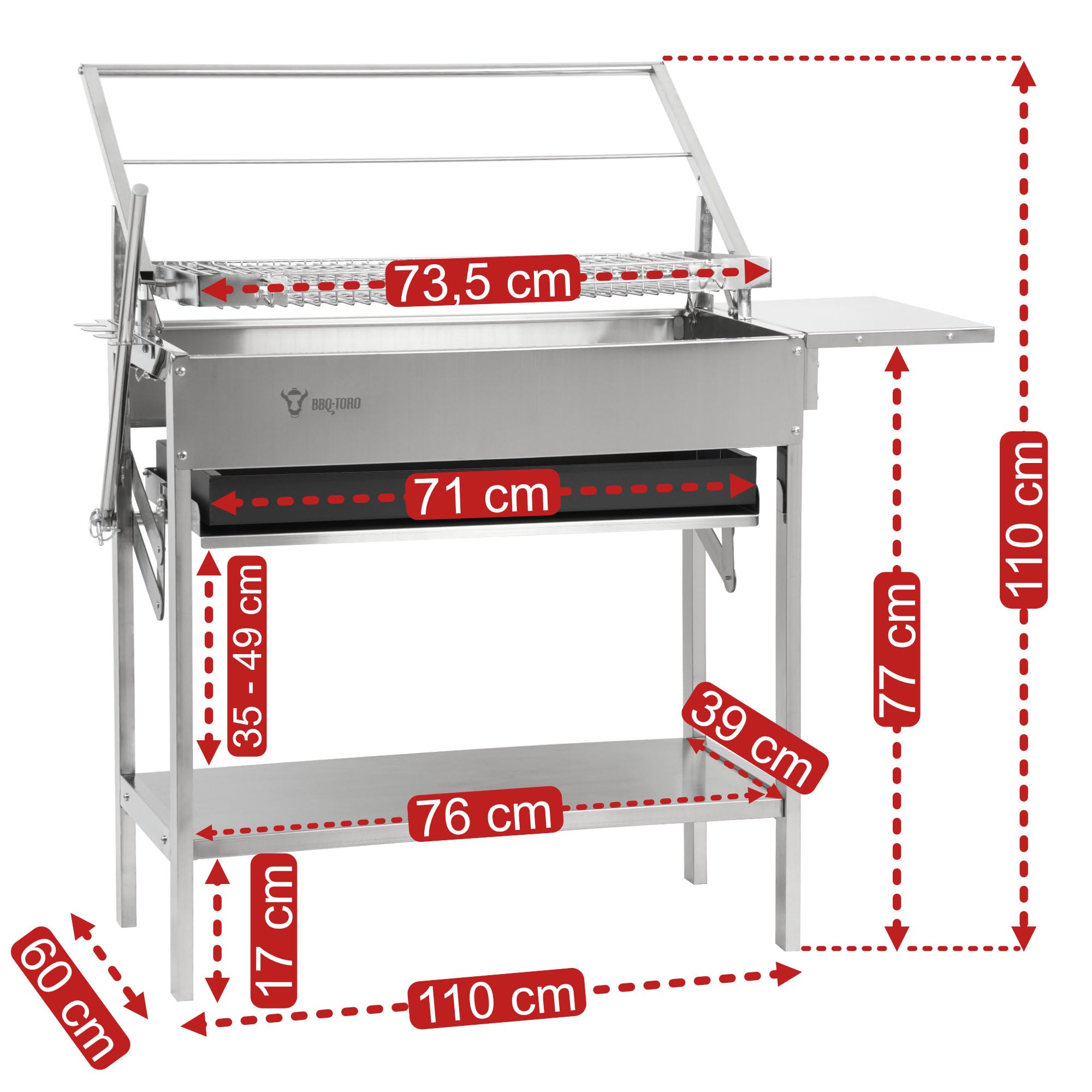 BBQ-Toro Barbecue a carbonella con griglia girevole a 360°, in acciaio inox, 110 x 60 x 110 cm, con vassoio per carbone regolabile in altezza su 4 livelli, barbecue a carbone, carrello per barbecue