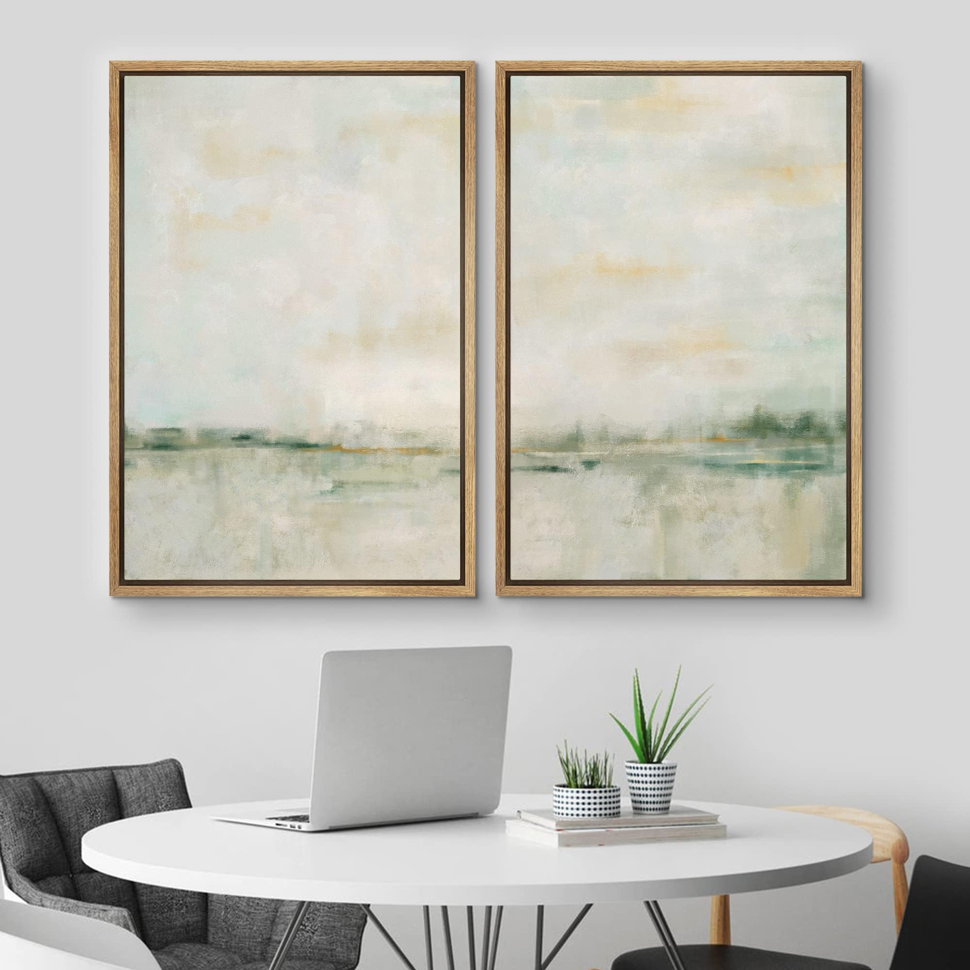 MUDECOR Framed Canvas Print Wall Art Set Watercolor Pastel Green Tan Landscape Abstract Shapes Illustrations Modern Art Decorative for Living Room, Bedroom, Office - 24"x36"x2 Natural — view 2