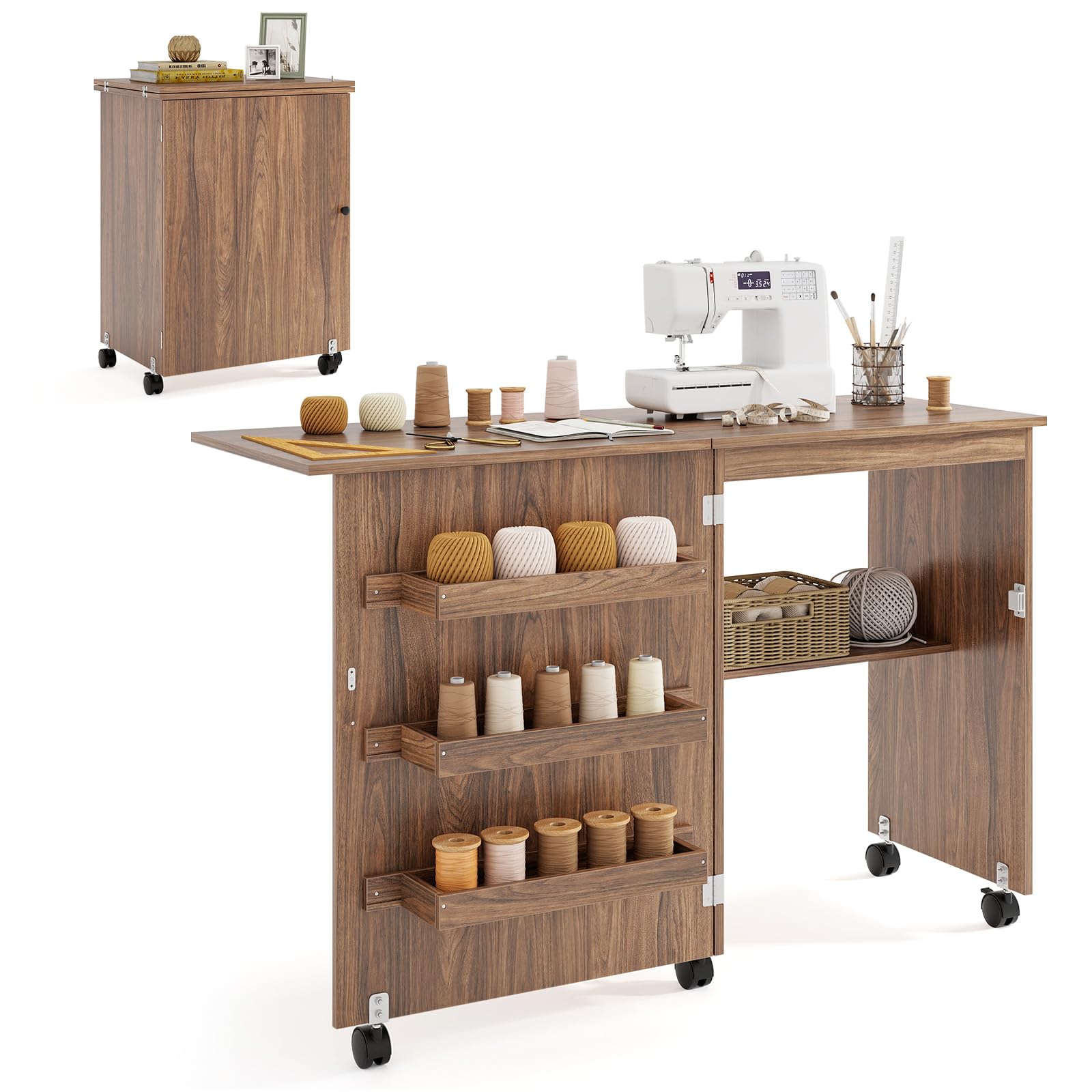 GIANTEX Table Couture Pliante, Meuble Machine à Coudre avec 4 Étagères pour Travaux Manuels, 5 roulettes, Armoire Couture avec Rangement pour Petits Espaces (118,5 x 40 x 79,5 cm, Marron)