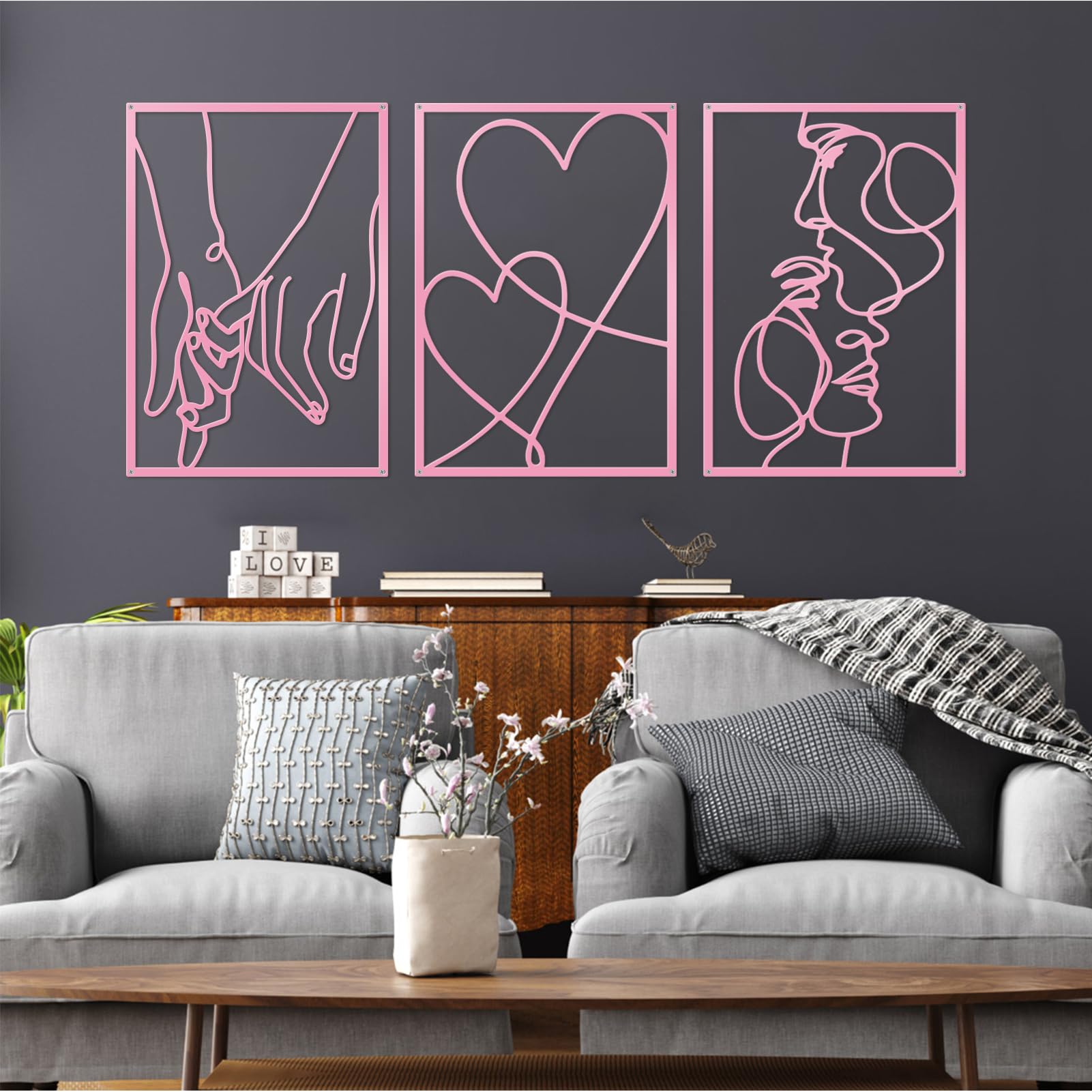 ESTART 3 Pieces Metal Minimalist Line Wall Art, Valentine's Day Lover Kiss Hand Metal Wall Decor, Aesthetic Modern Home Hanging Wall Art Decor for Bedroom Living Room (Pink)